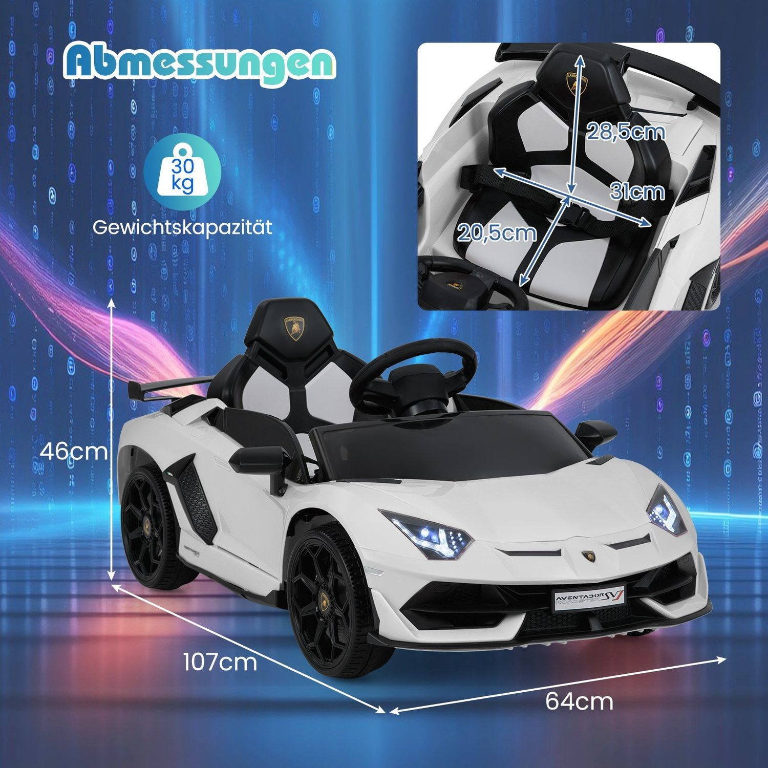 Coche de juguete blanco con ruedas negras, Lamborghini Aventador. Dimensiones y capacidad de peso mostradas en la imagen, con etiquetas en alemán.