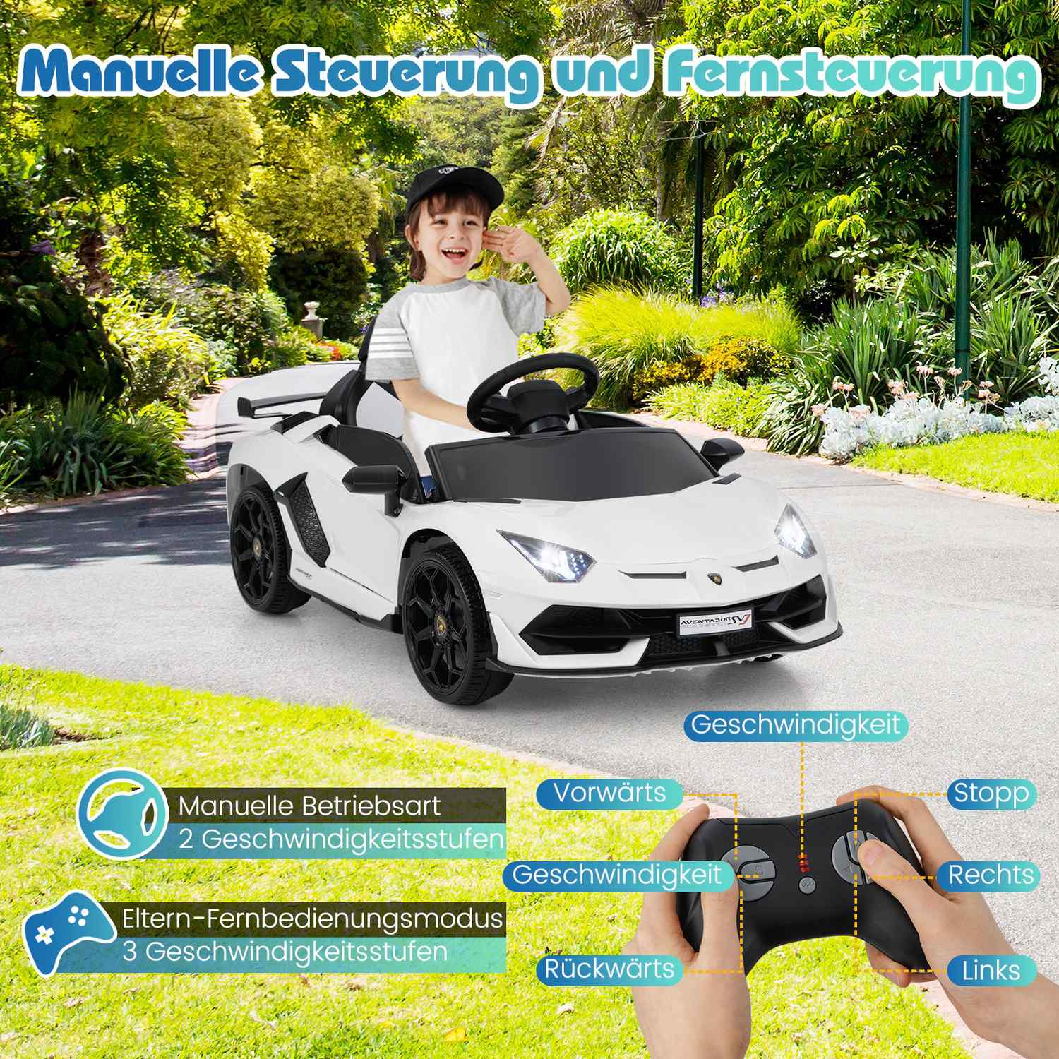 Un niño está en un coche de juguete blanco. La escena incluye un mando a distancia y texto en alemán que sugiere opciones manuales y de control remoto.