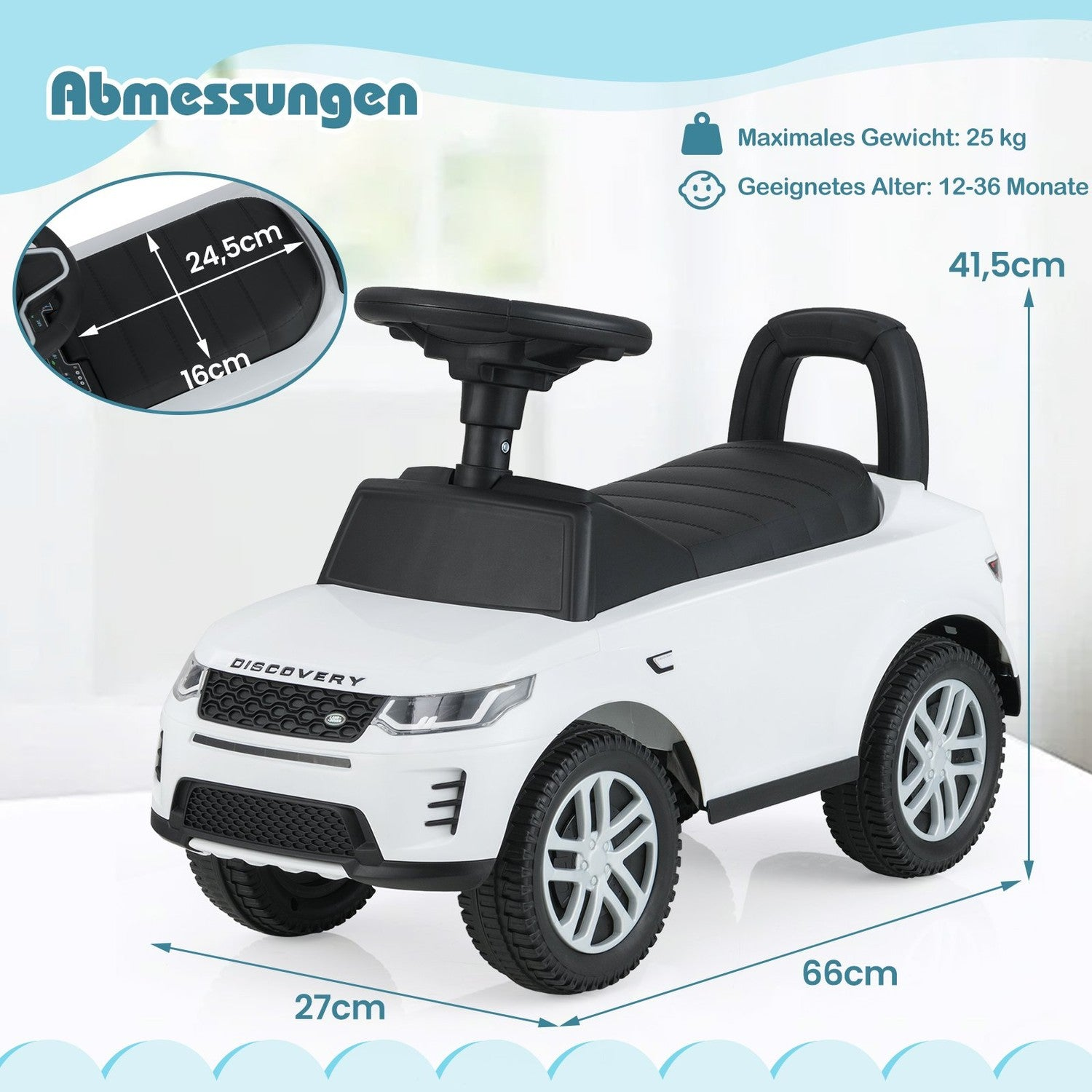 Un coche de juguete blanco con asiento y volante negros. Tiene dimensiones etiquetadas, incluyendo altura y longitud, y un límite de peso de 25 kg.