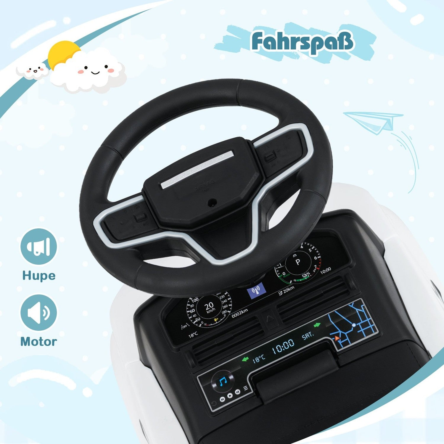 Interior de un coche de juguete con volante negro, salpicadero e indicadores. Un sol y una nube de dibujos animados en el fondo. La palabra Fahrspaß es visible.