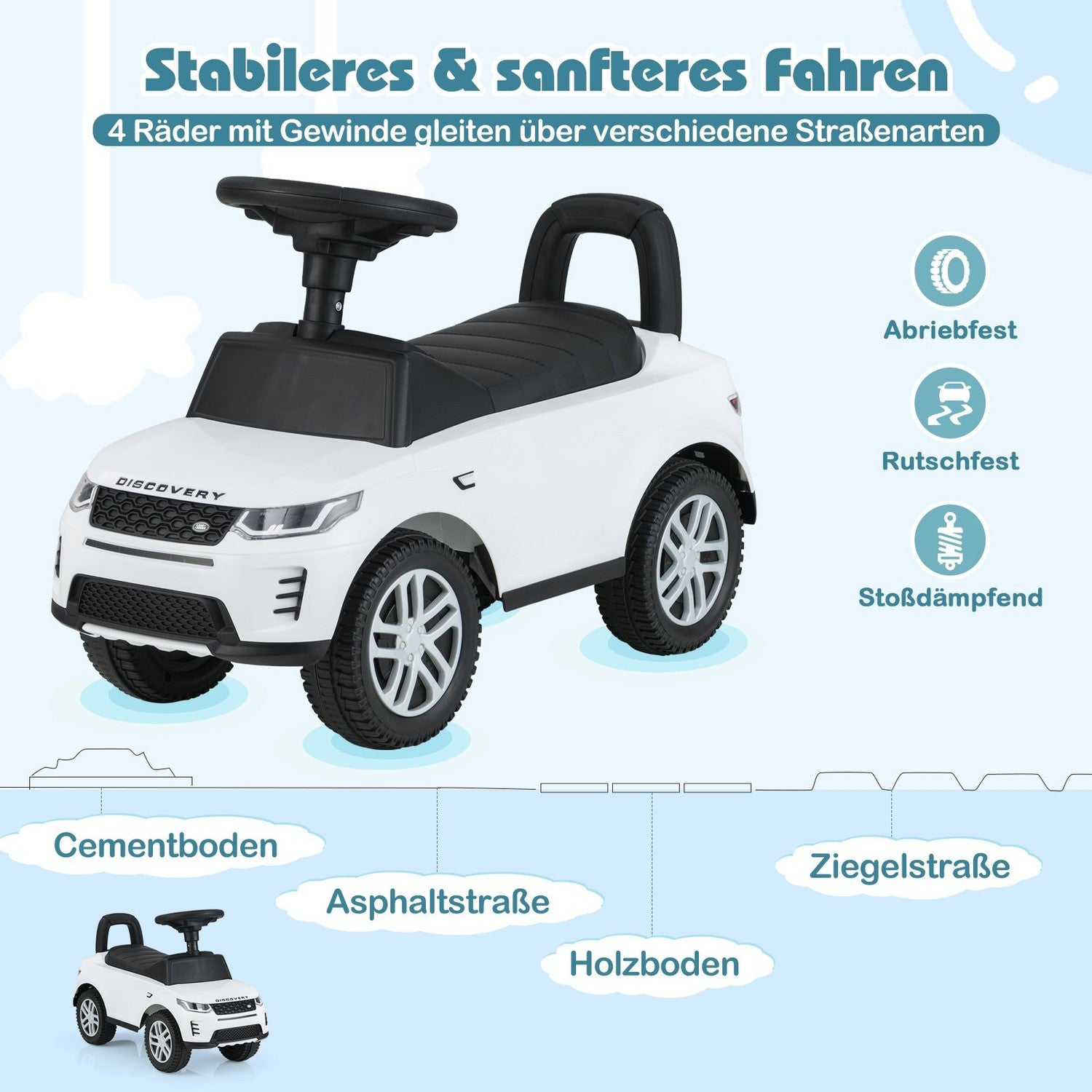 Se muestra un coche de juguete blanco con detalles en negro. Tiene cuatro ruedas y el texto indica que es apto para varios tipos de carretera.