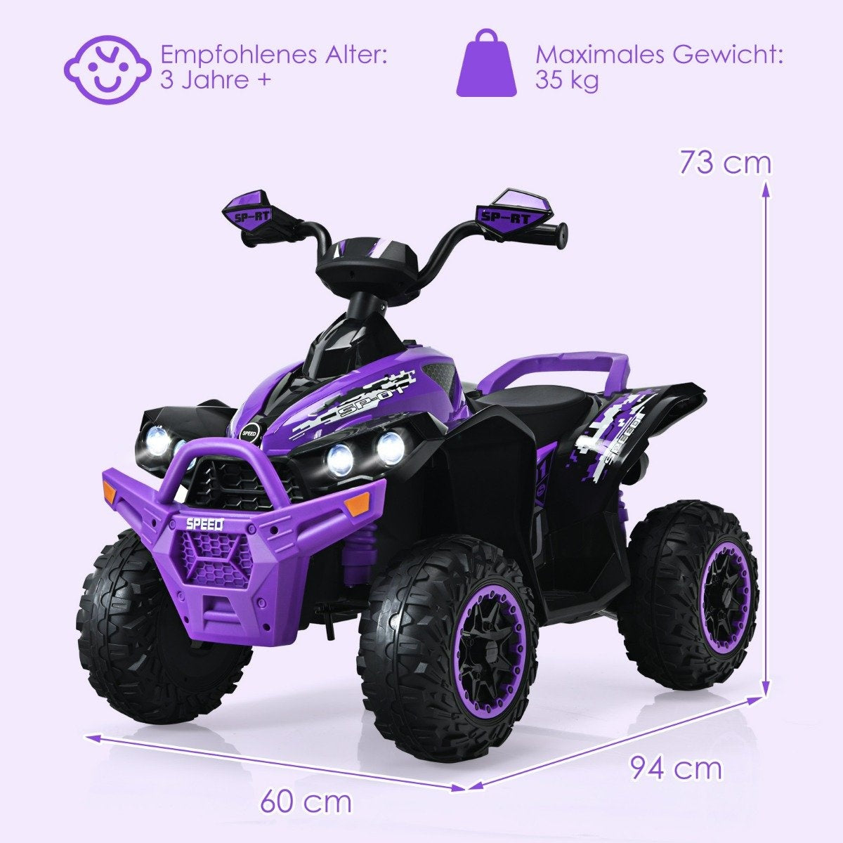 Un quad de juguete morado y negro. Tiene el texto 'SPEED' y 'SP-RT'. Mide 73 cm de alto, 94 cm de largo y 60 cm de ancho.