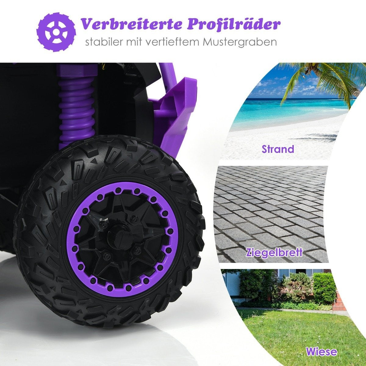 Primer plano de un neumático negro con borde morado. En el fondo, imágenes de playa, pavimento y césped.
