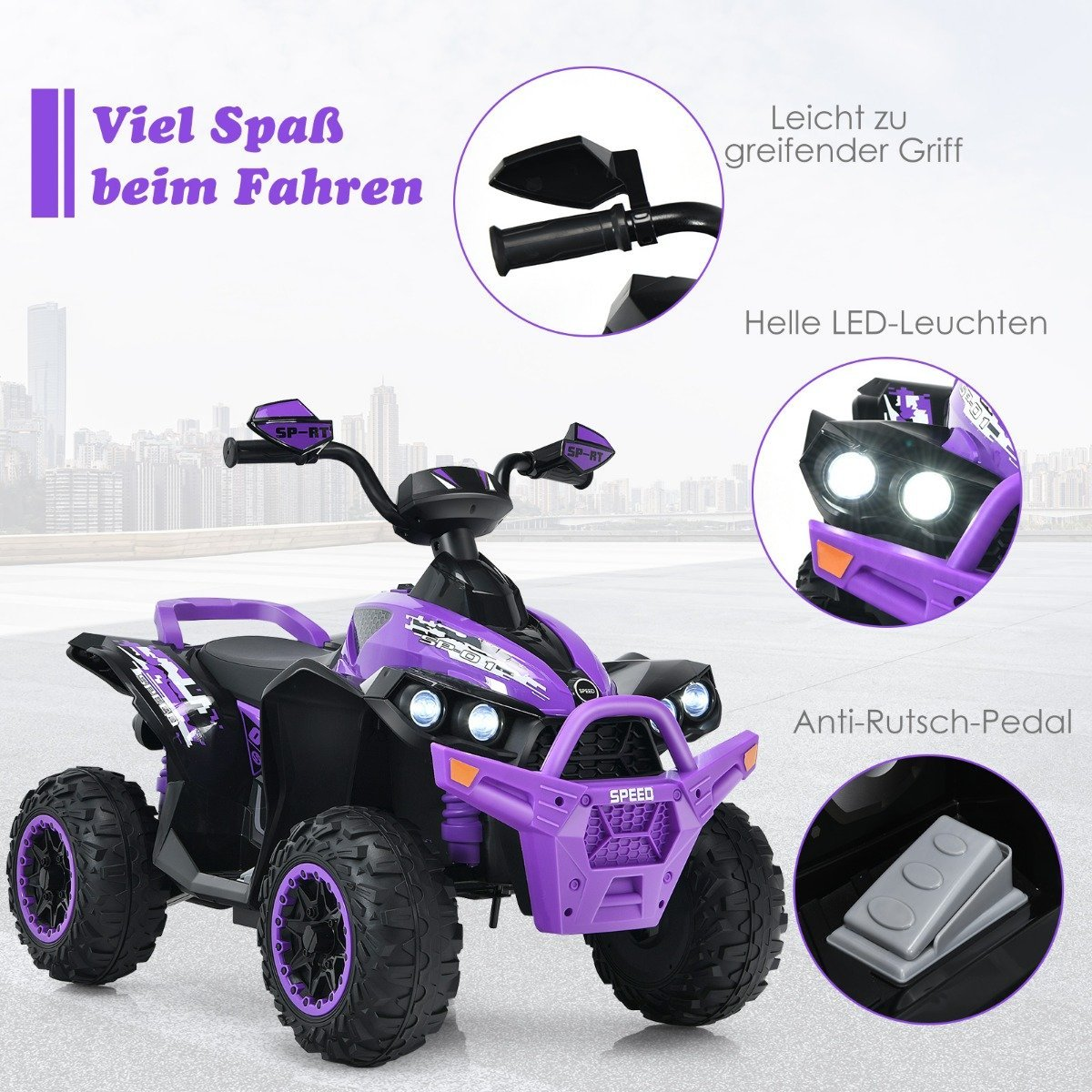 Un quad de juguete morado y negro con luces LED, un pedal y un manillar con espejos. Tiene el texto 'SPEED'.