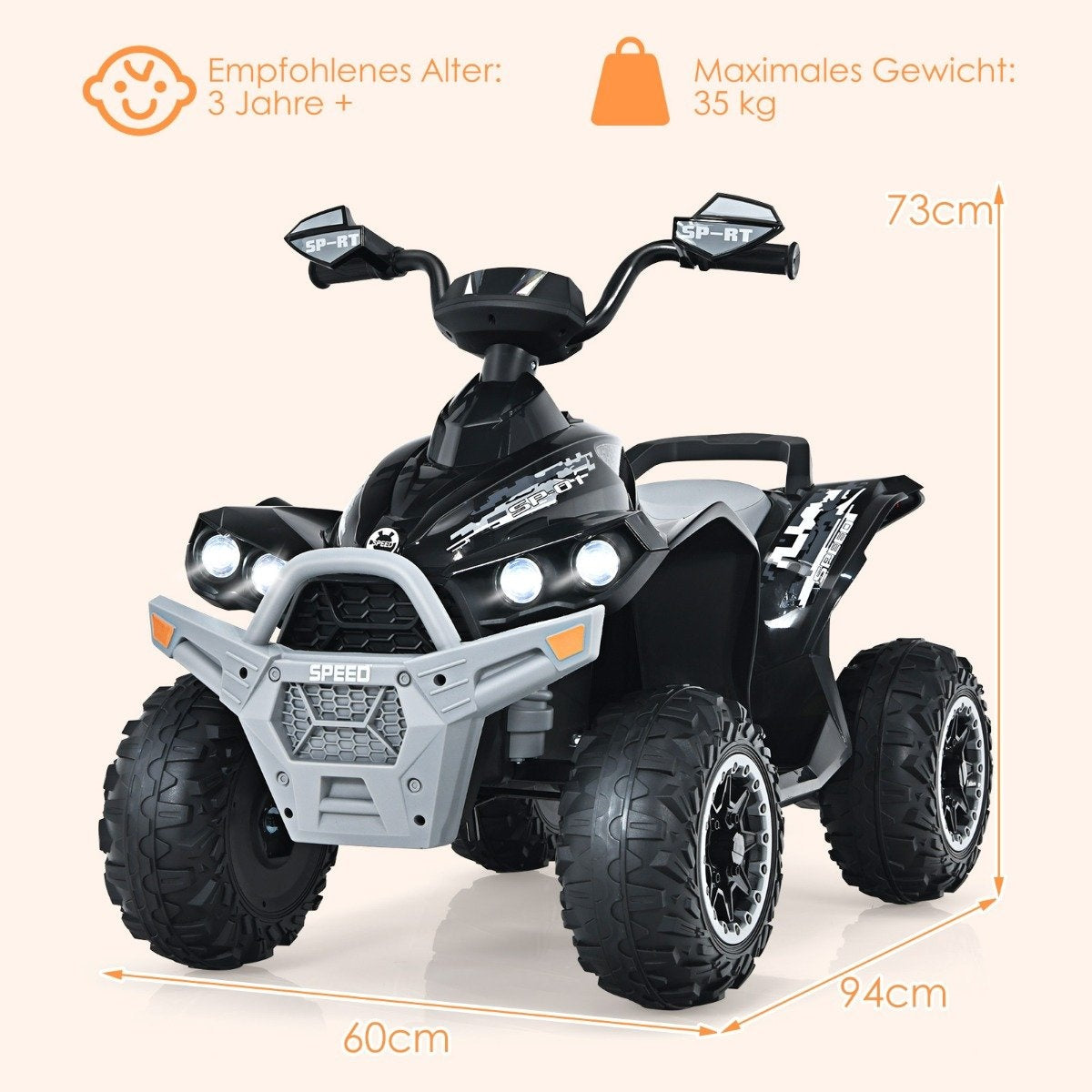 ATV de juguete negro y gris con faros, espejos y neumáticos grandes. Dimensiones etiquetadas. Texto indica límites de edad y peso.