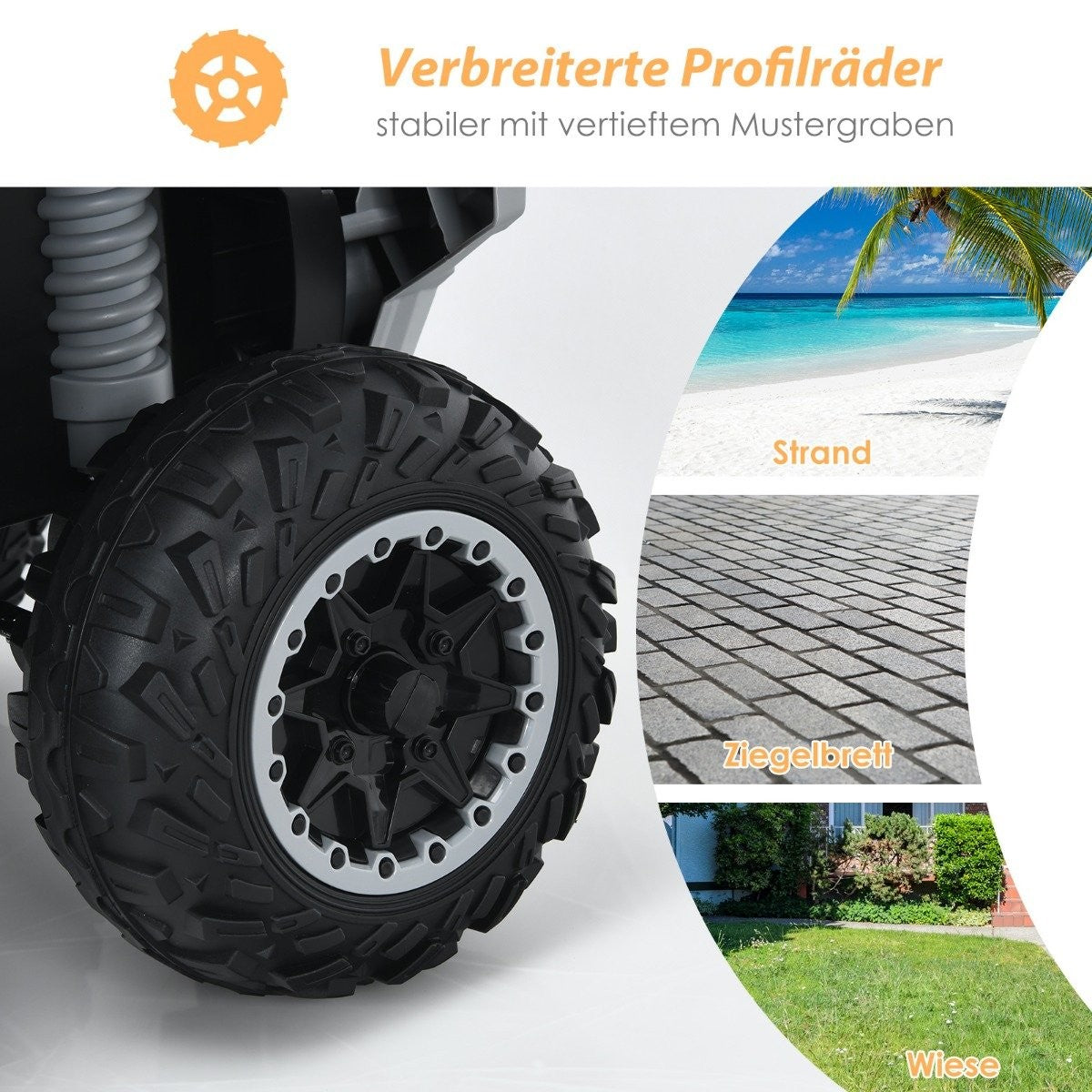 Primer plano de un neumático negro con borde blanco. En el fondo, imágenes de playa, pavimento de ladrillos y césped.