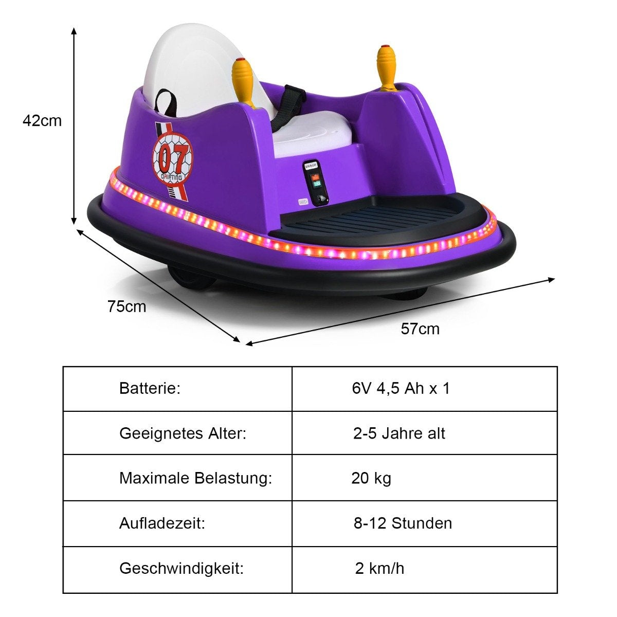 Un coche parachoques morado con medidas. Incluye un asiento blanco, un reposapiés negro y una tira de luz brillante.