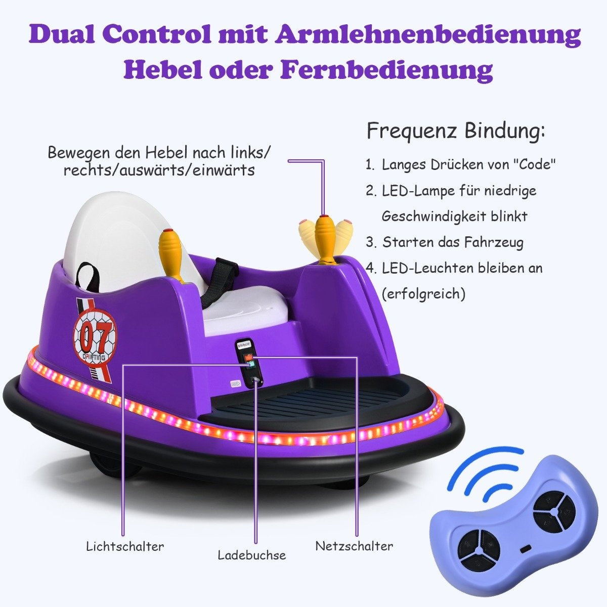 Un coche parachoques morado con asiento blanco, mando a distancia e instrucciones de vinculación de frecuencia.