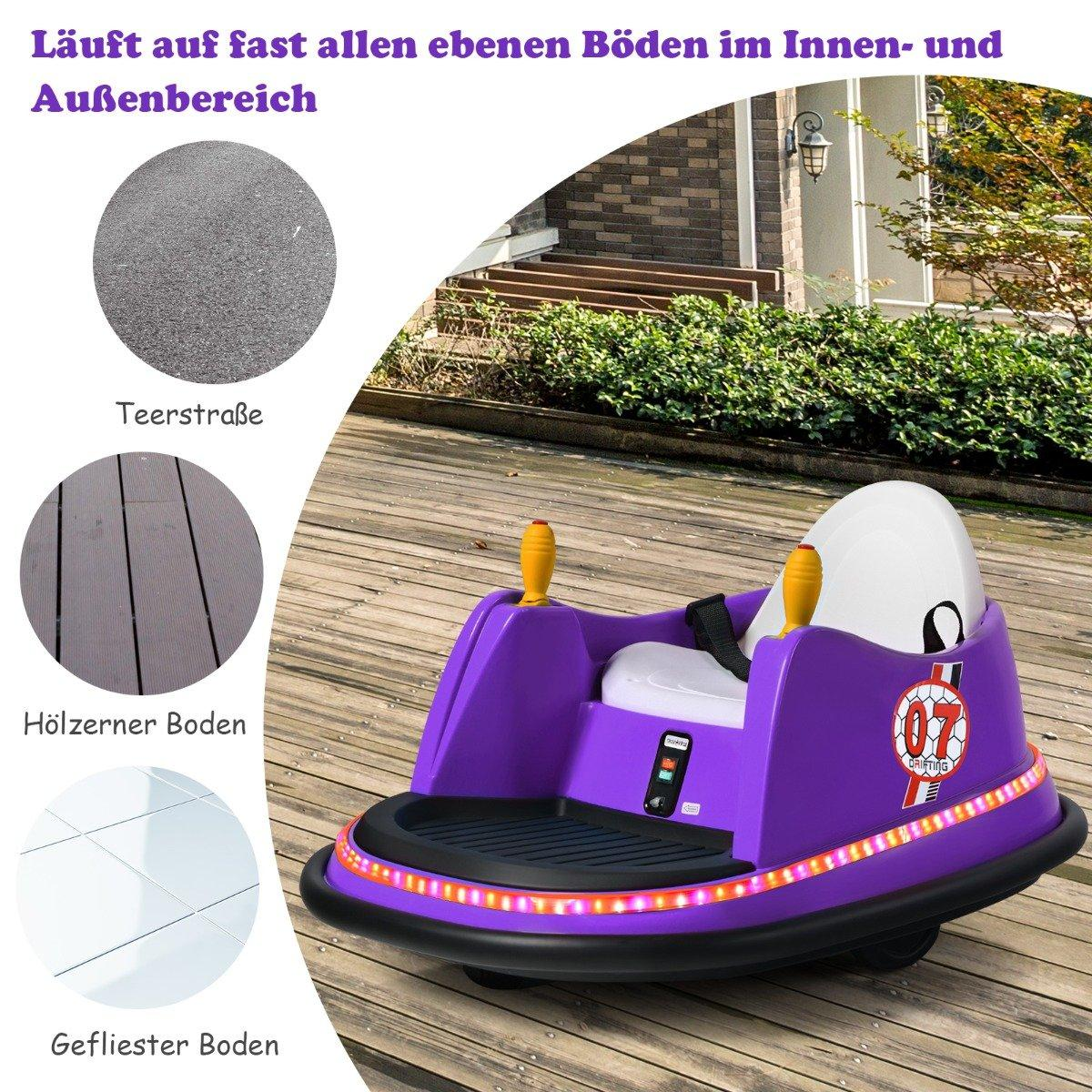 Un coche parachoques morado con asiento blanco está sobre una cubierta de madera. El coche tiene el número 07. Ilustraciones de superficies a la izquierda.