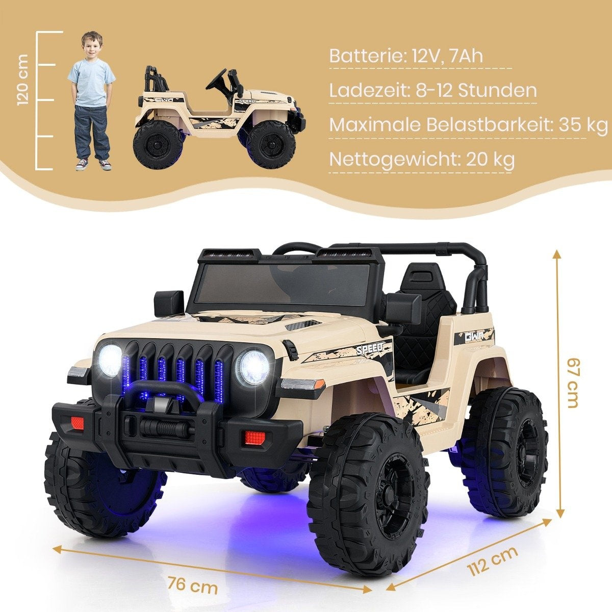 Un coche de juguete beige con un niño al lado. El coche tiene neumáticos grandes y luces. Se proporcionan dimensiones.