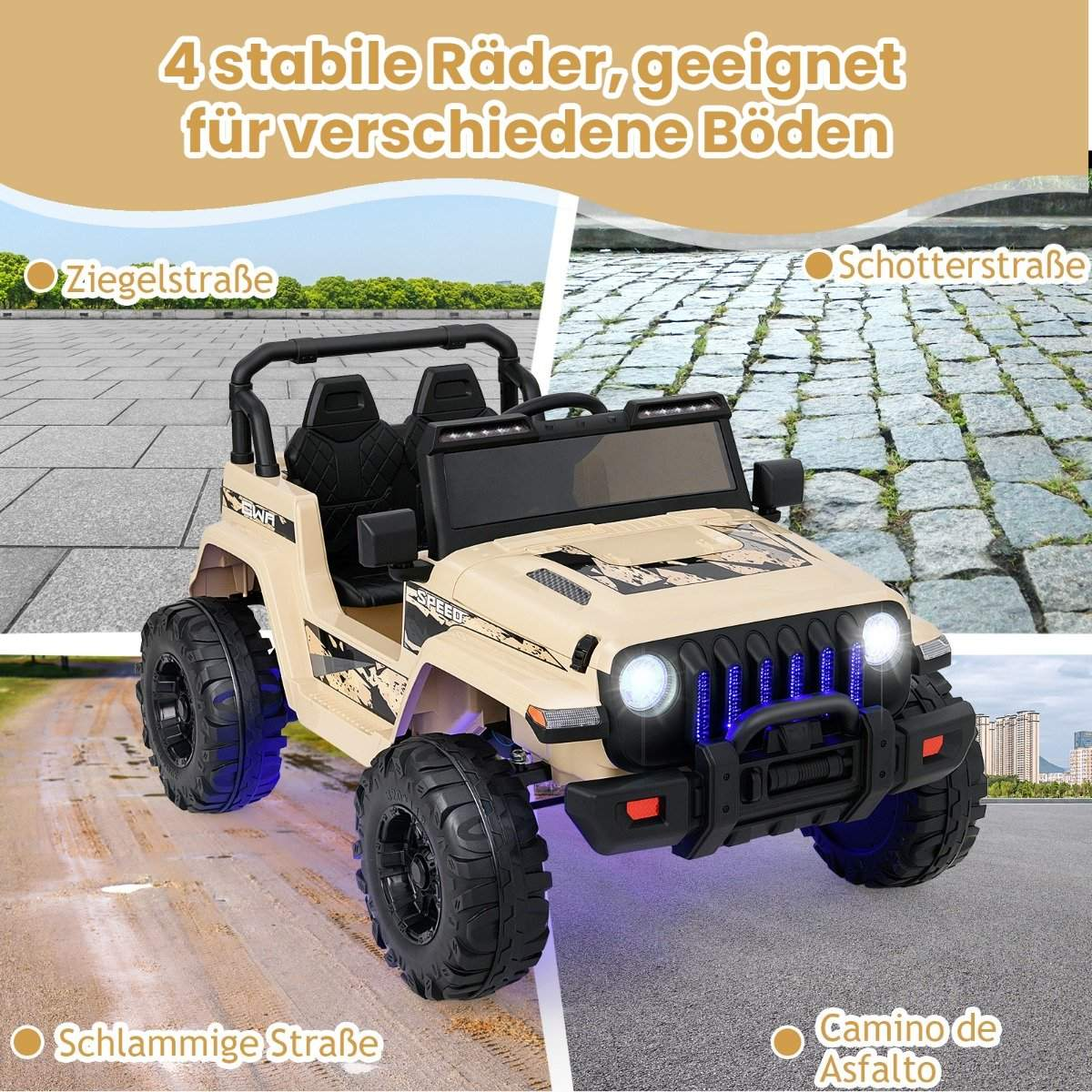 Un jeep de juguete beige con ruedas negras. Está en diferentes terrenos: adoquines, asfalto, camino de barro y ladrillo. Texto: 4 stabile Räder