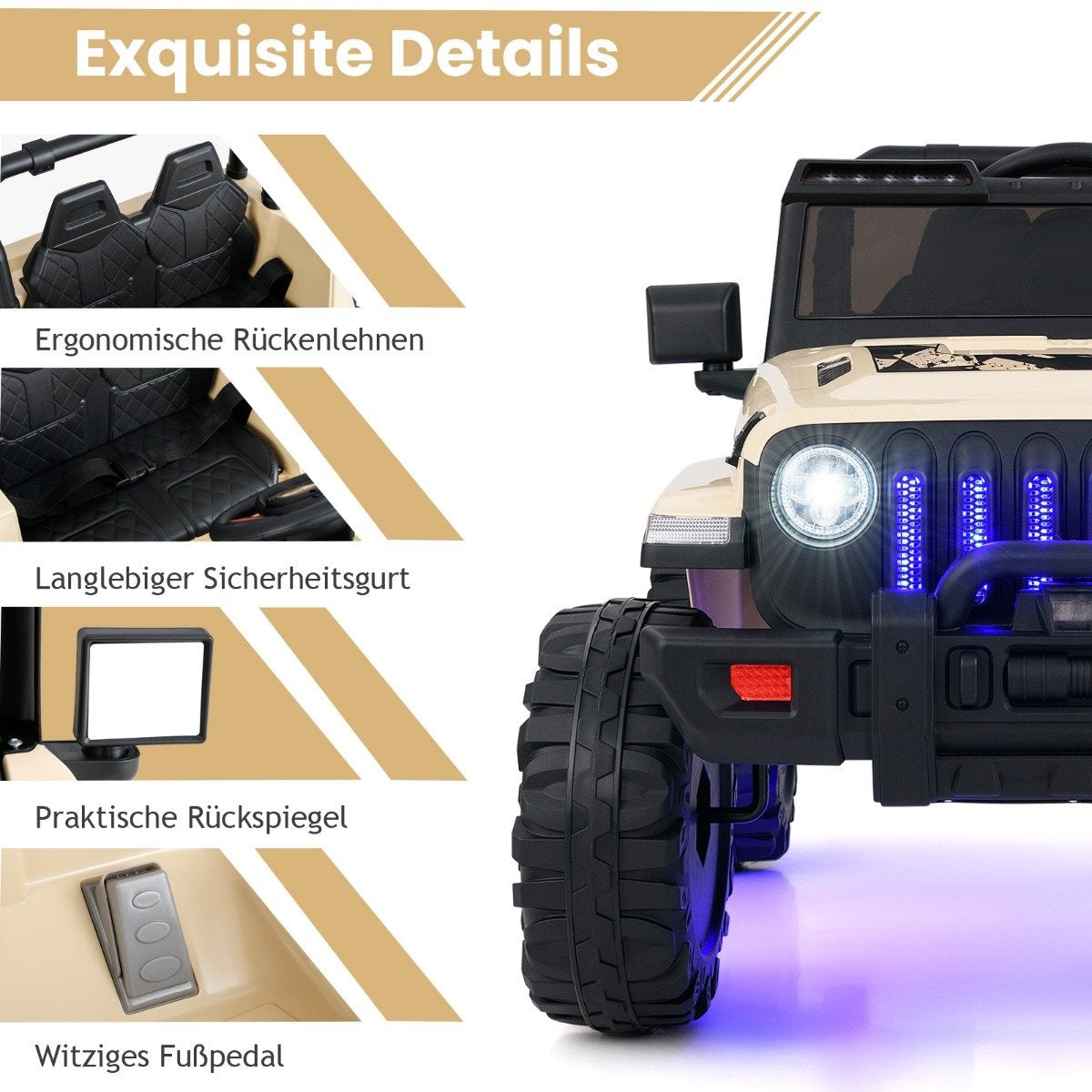 Se muestra un coche de juguete beige con neumáticos negros y luces azules. Detalles incluyen respaldos ergonómicos, cinturón de seguridad y pedal.