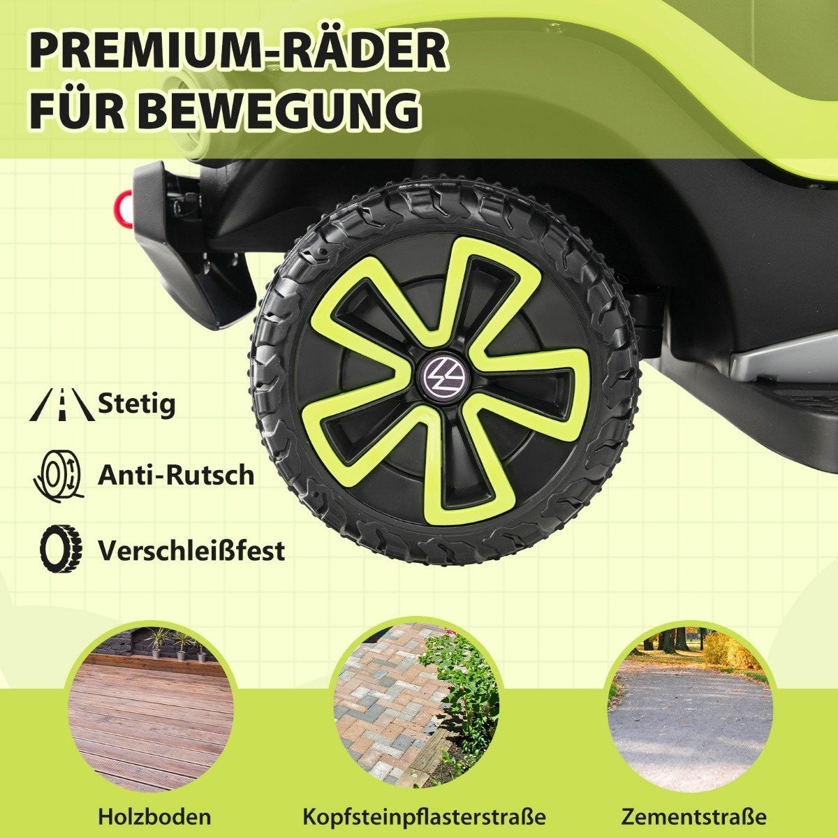 Primer plano de una rueda de coche negra y verde neón. Debajo hay imágenes de superficies de madera, adoquines y cemento.