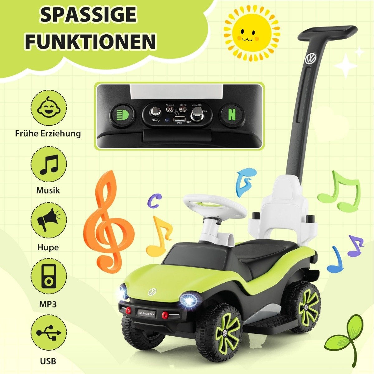 Un coche de juguete verde y negro con asa. Tiene notas musicales e iconos alrededor, indicando varias funciones y características.