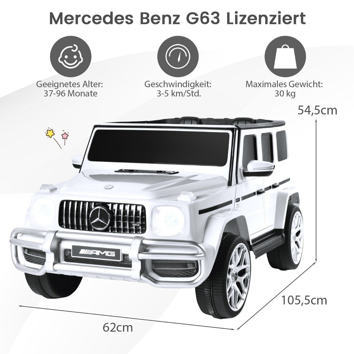 Coche de juguete Mercedes Benz G63 blanco. Tiene el logo AMG, dimensiones e información de edad. El coche tiene ruedas y techo negros.