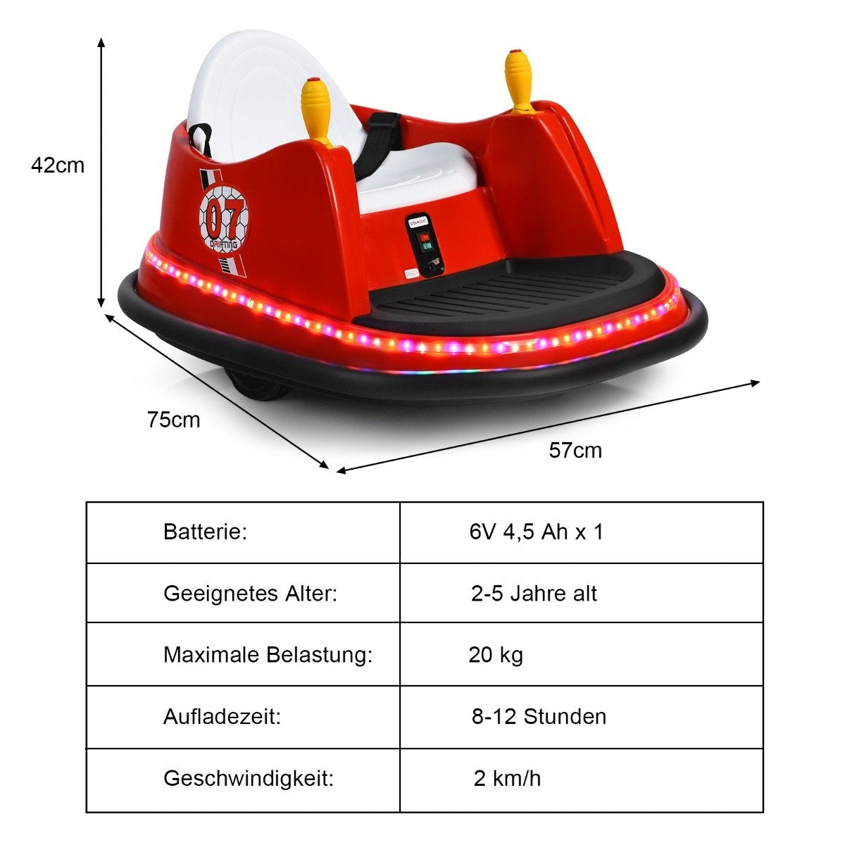 Un coche parachoques rojo con asiento blanco y manijas amarillas. Tiene luces LED y un panel de control, con dimensiones y especificaciones.
