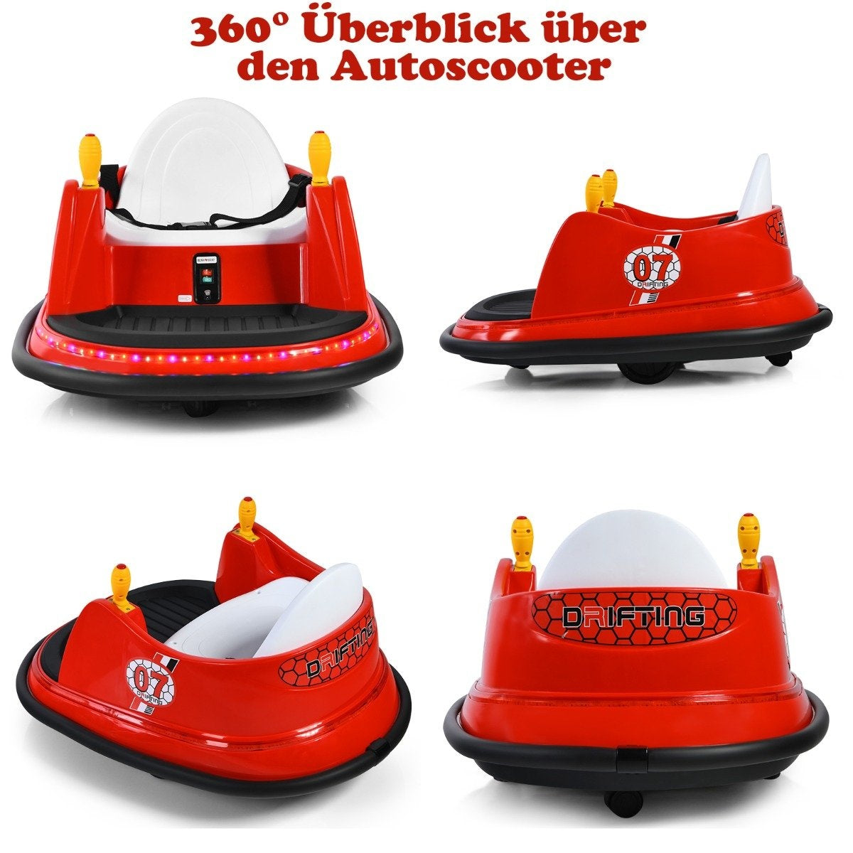 Cuatro vistas de un coche parachoques rojo con asiento blanco y casco. Tiene ruedas, luces y la palabra 'DRIFTING'.