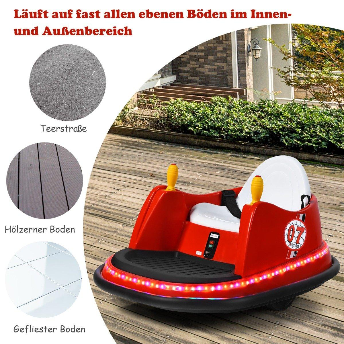 Un coche parachoques rojo con manijas amarillas está sobre una terraza de madera. El texto muestra que funciona en varias superficies.