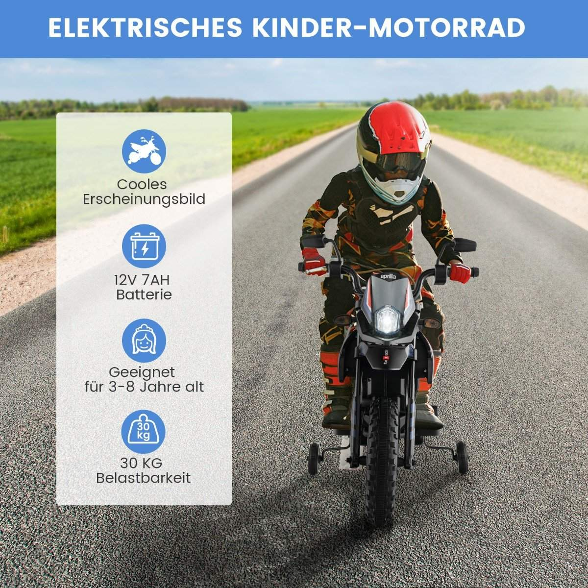 Un niño con casco monta una moto negra en una carretera. A la izquierda hay un gráfico con texto e iconos que describen la moto.