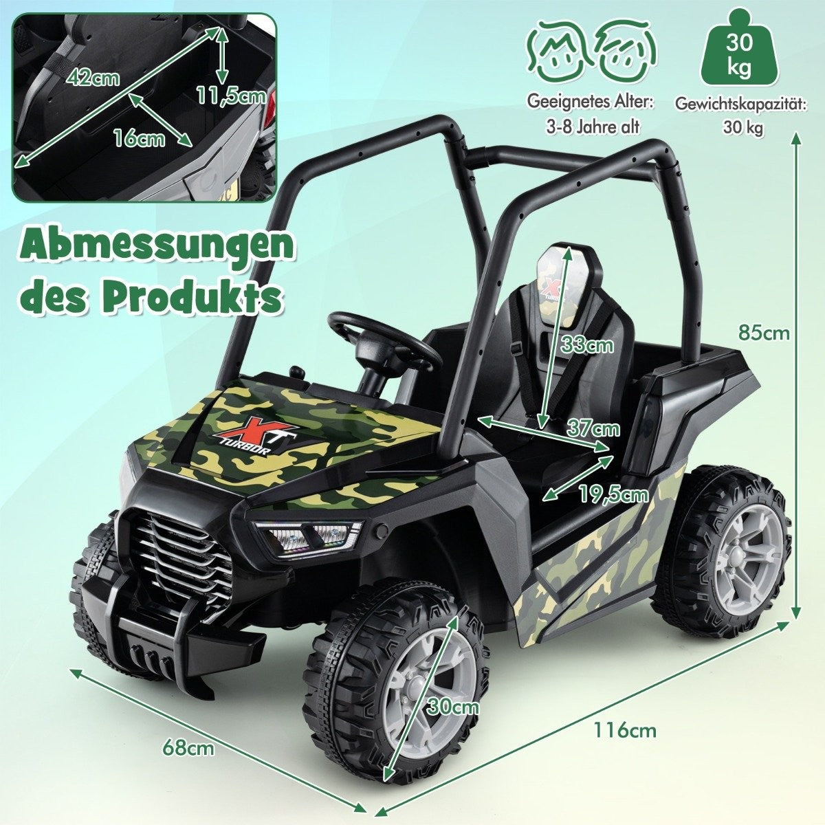 Un coche eléctrico negro y camuflado para niños con dimensiones mostradas. Tiene asiento, volante y ruedas grandes.