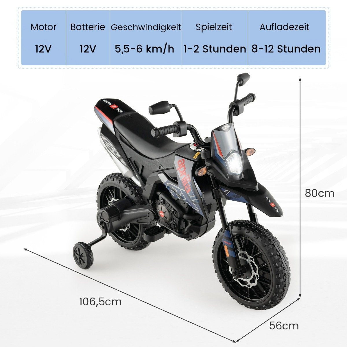 Se muestra una motocicleta de juguete negra y plateada con una rueda lateral, con una tabla con especificaciones encima.