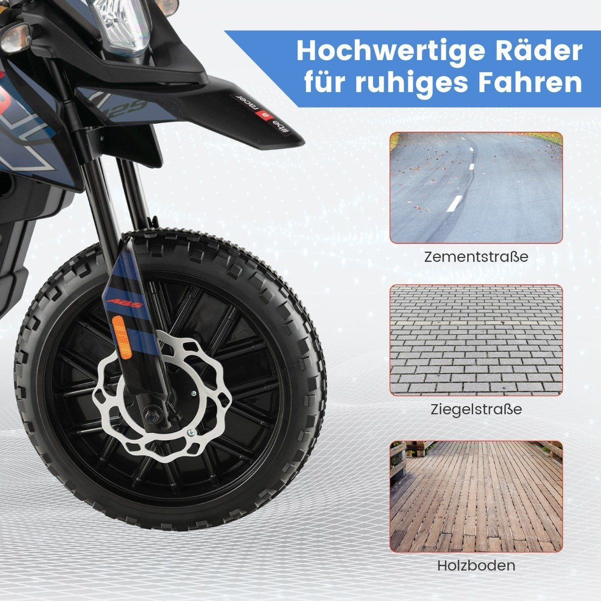 Primer plano de una rueda de motocicleta de juguete negra con una horquilla delantera azul y naranja. Debajo hay imágenes de diferentes superficies de carretera.
