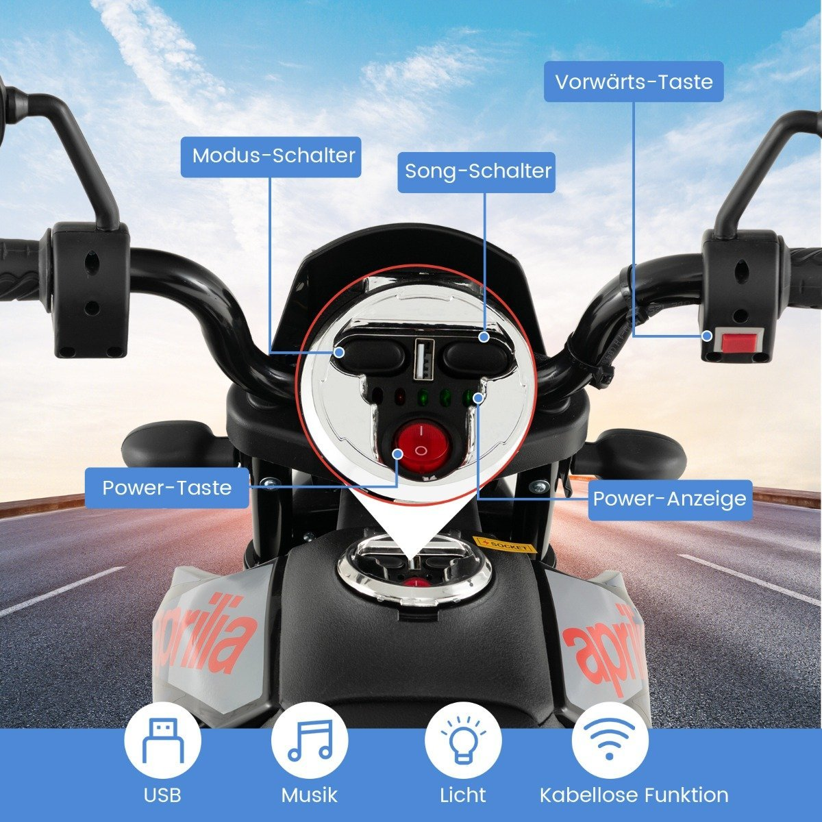 Primer plano del salpicadero de una moto de juguete con botones etiquetados en alemán. Iconos de USB, música, luz y función inalámbrica abajo.