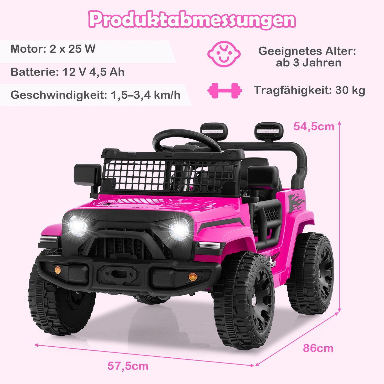 Un jeep de juguete rosa con detalles negros. Tiene dimensiones y especificaciones en un fondo rosa.