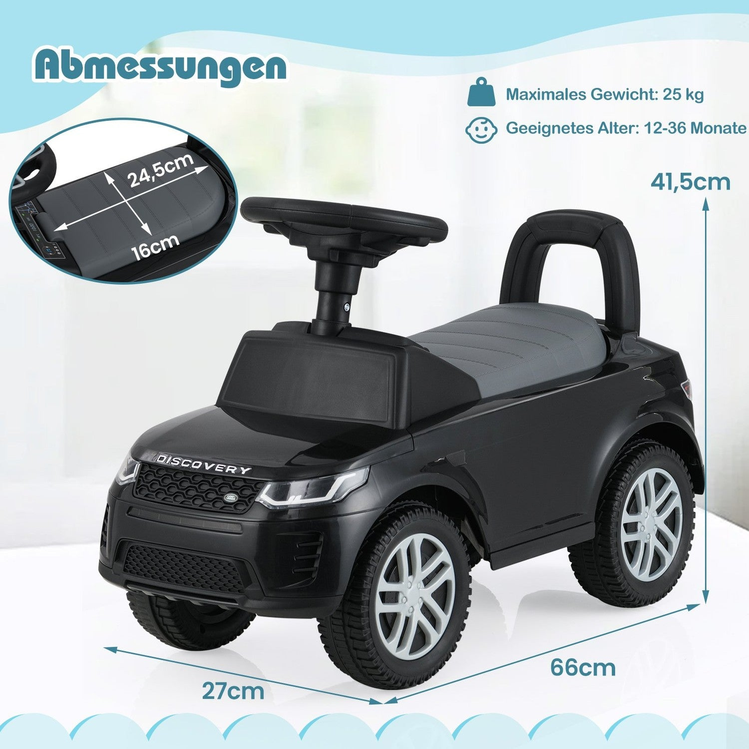 Un coche de juguete negro para montar con dimensiones etiquetadas. Tiene volante, asiento y ruedas. Se proporcionan medidas por todo el coche.