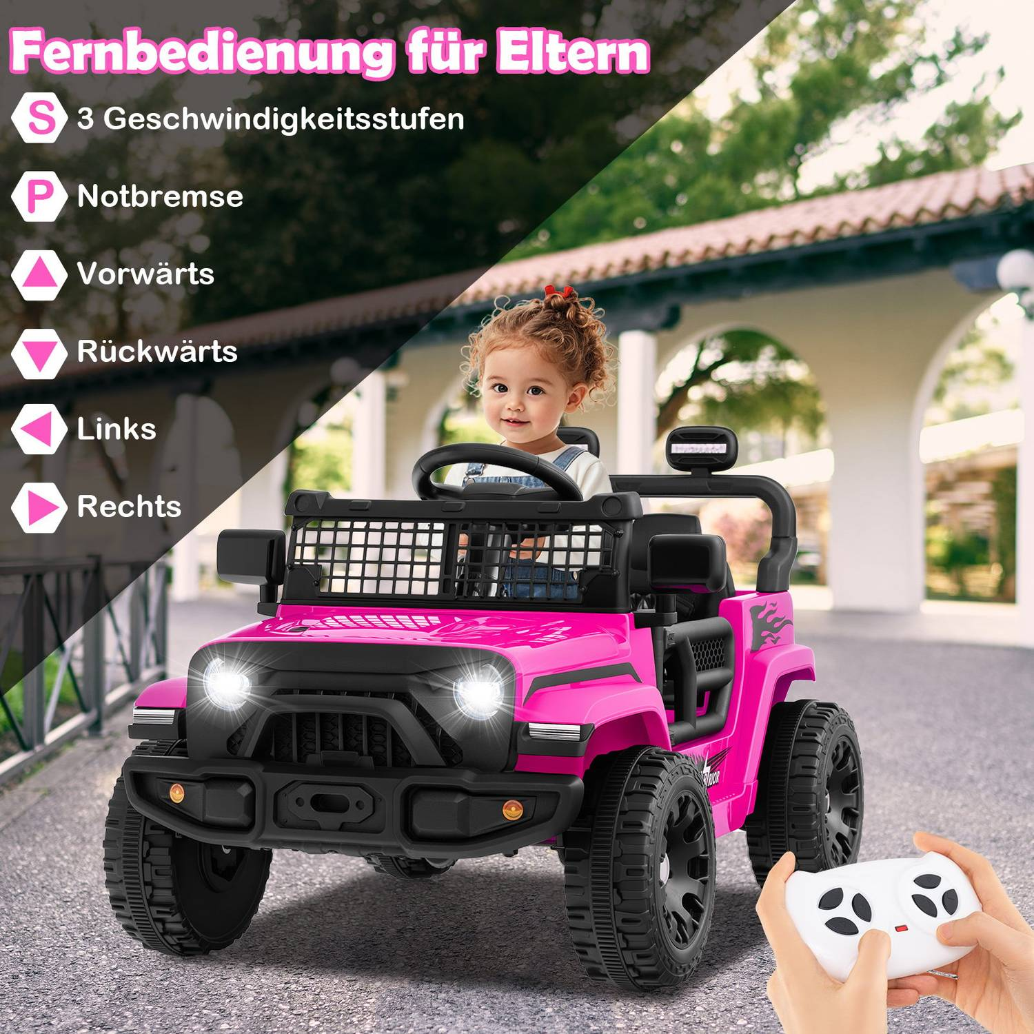 Un jeep de juguete rosa con un niño dentro, controlado por control remoto. Texto en alemán indica funciones de control parental y opciones de conducción.
