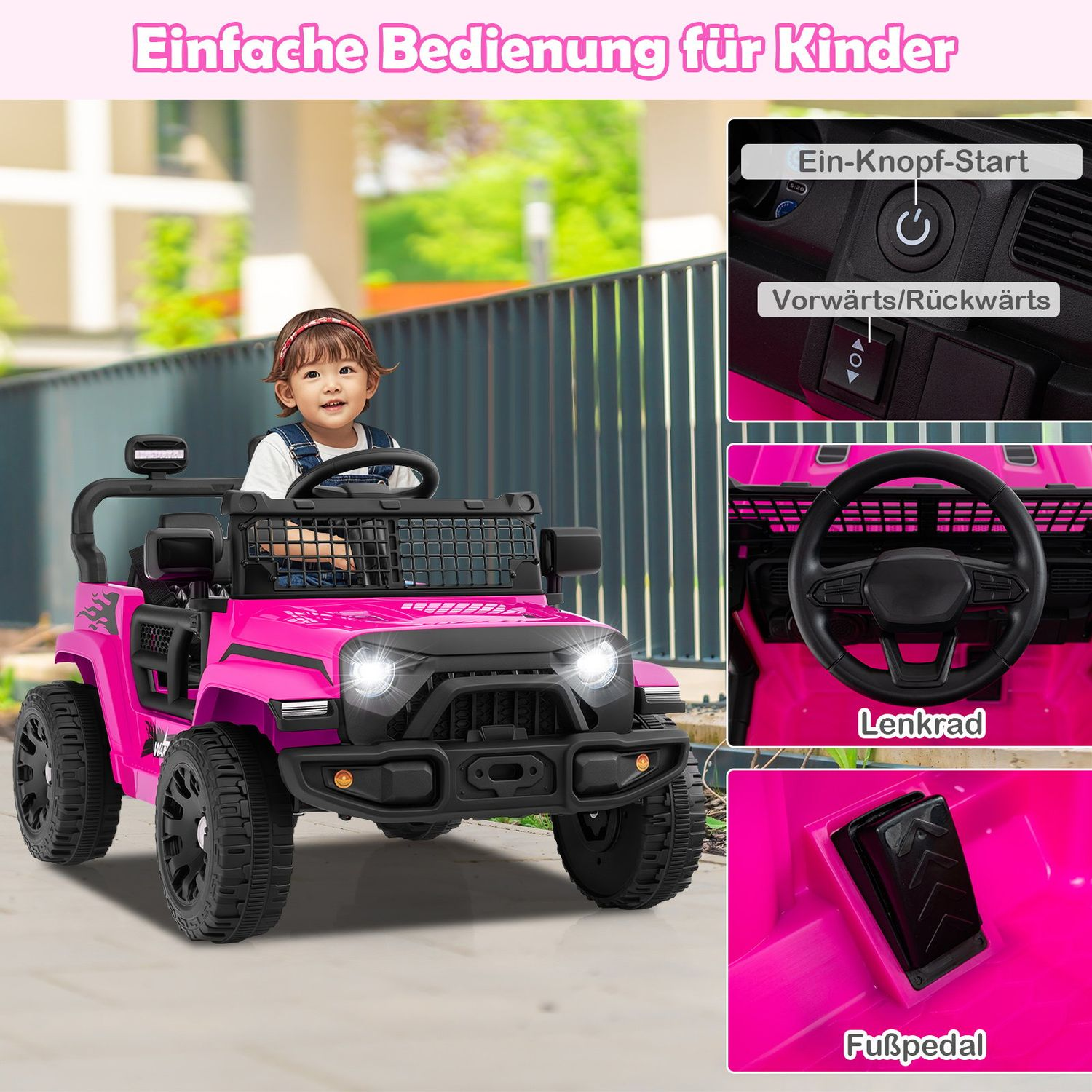 Una niña en un coche de juguete rosa. Detalles incluyen volante, faros y pedal. Varios primeros planos muestran controles.