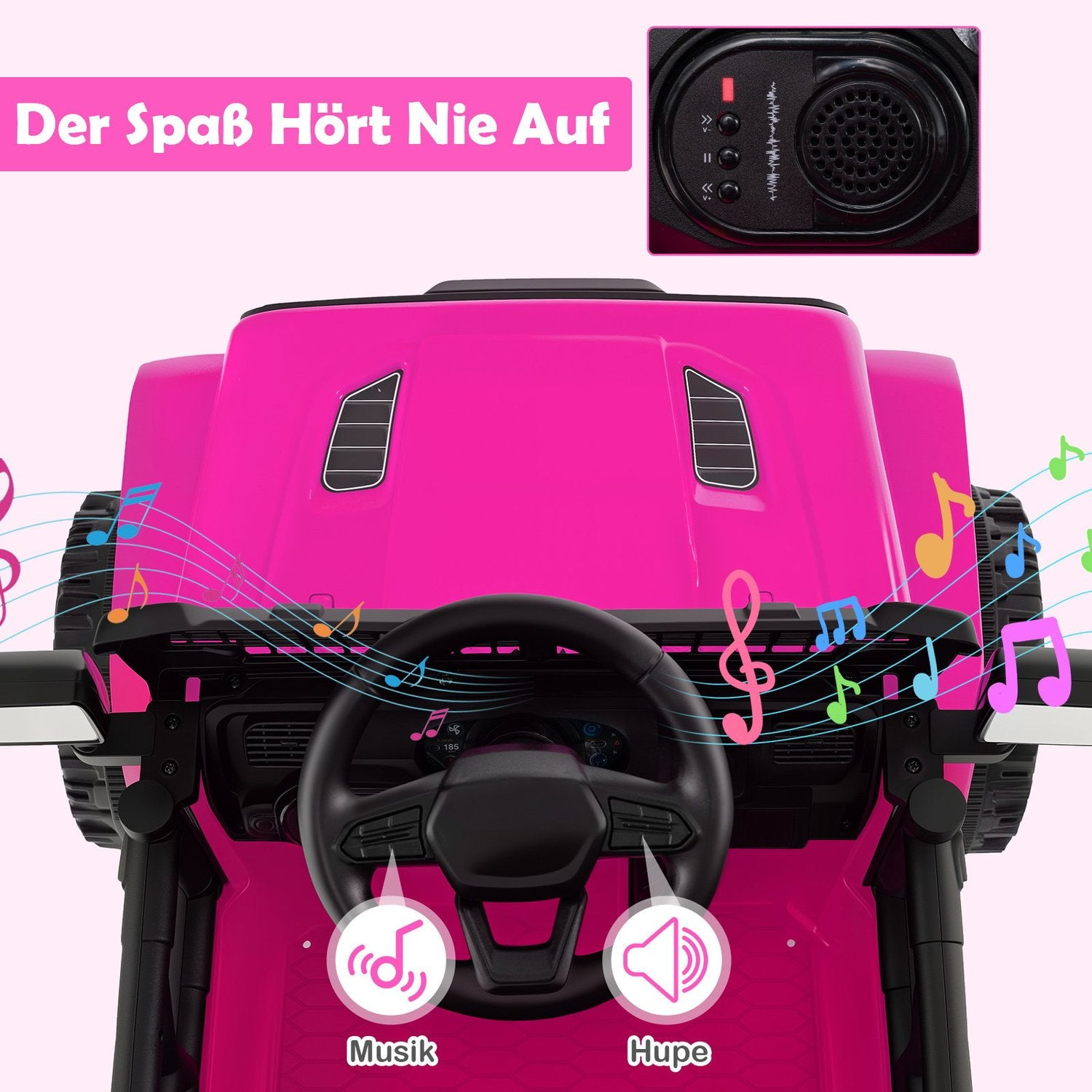 Un coche de juguete rosa con volante y notas musicales. Botones: 'Musik' y 'Hupe'. Un altavoz en la esquina superior derecha.