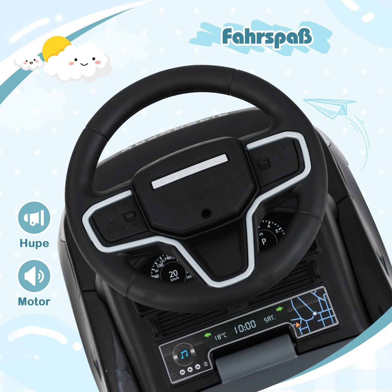 Un volante de coche de juguete. Tiene velocímetro, pantalla de mapa y varios botones. El fondo tiene un cielo azul con nubes y sol de dibujos animados.