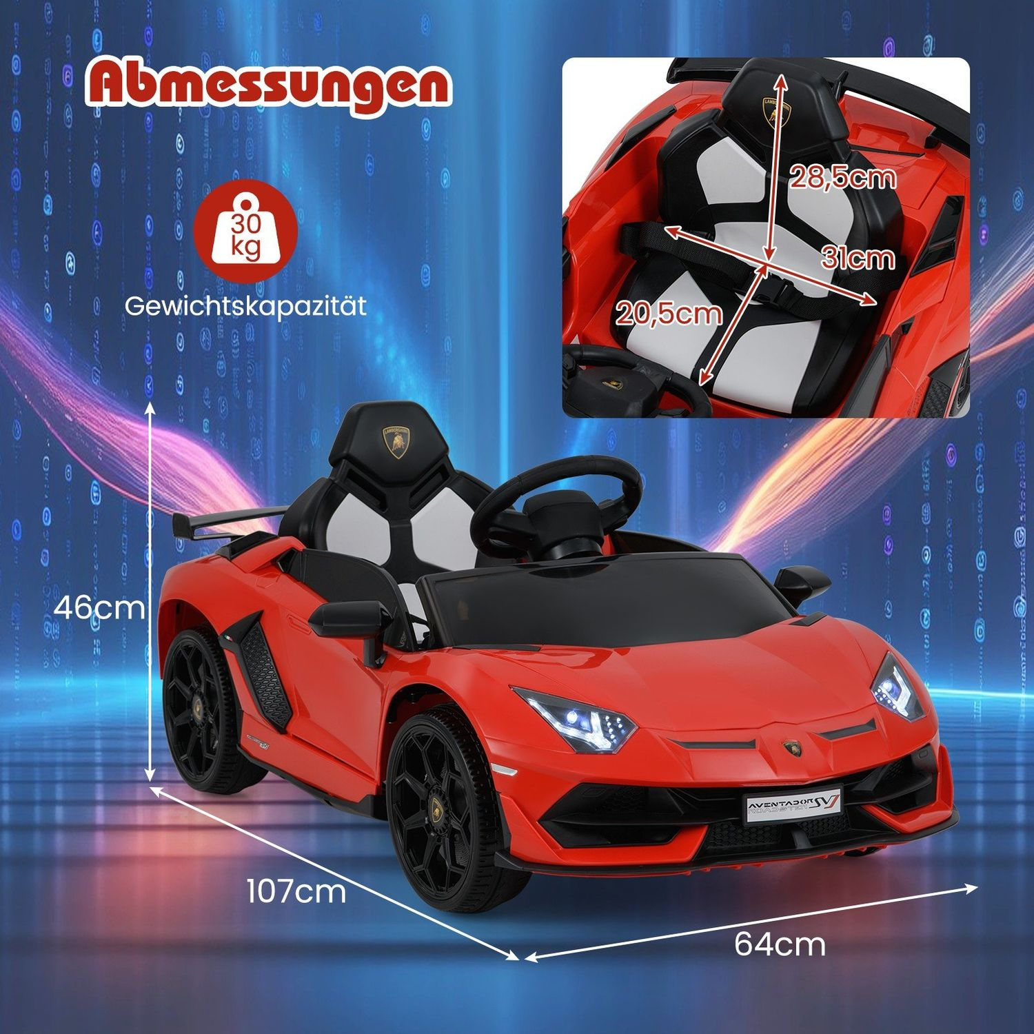 Un coche de juguete rojo con ruedas negras y asientos blancos con medidas. La capacidad de peso es de 30 kg. Las dimensiones se muestran con flechas.