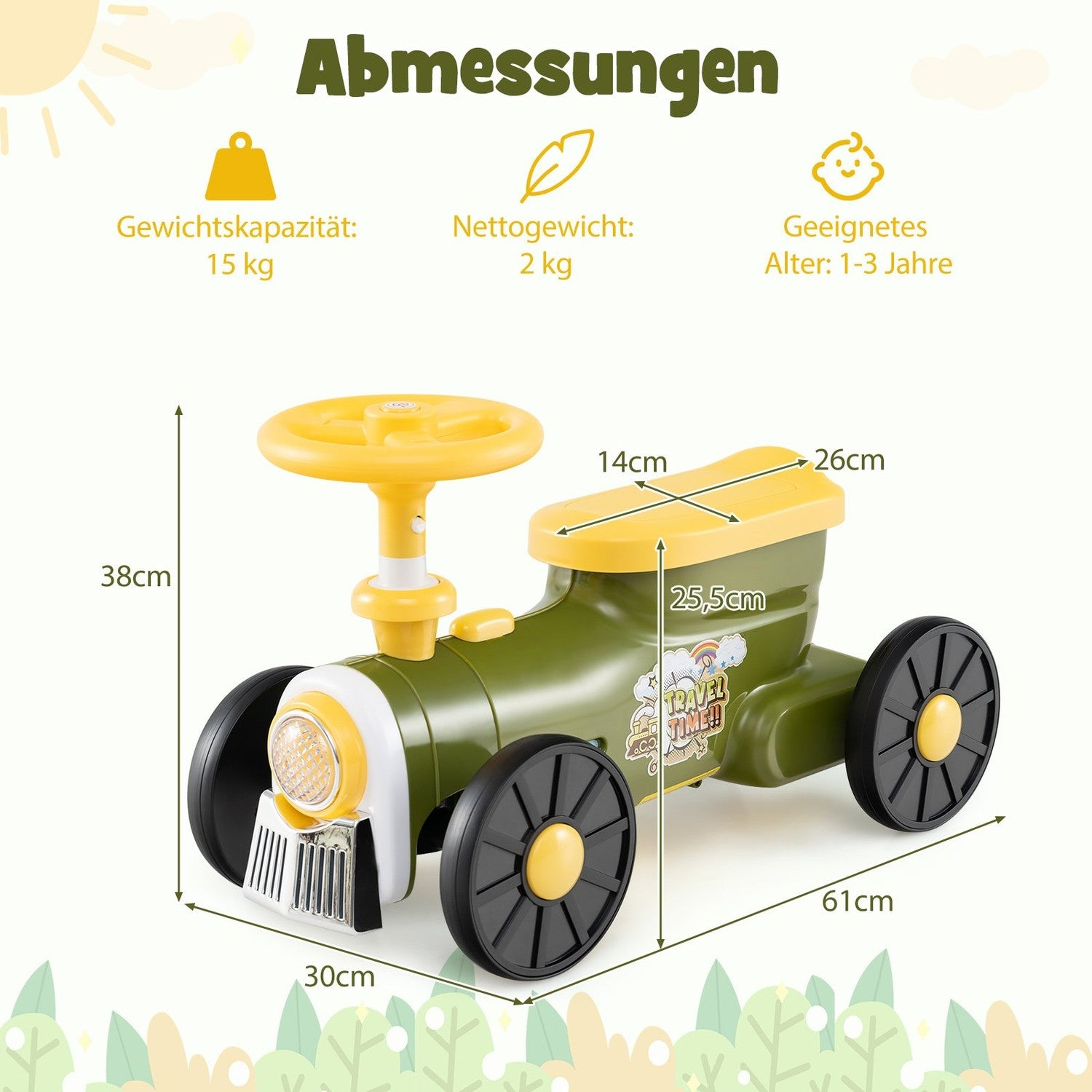 Un tren de juguete verde y amarillo con ruedas negras. Tiene volante y se muestran las dimensiones.