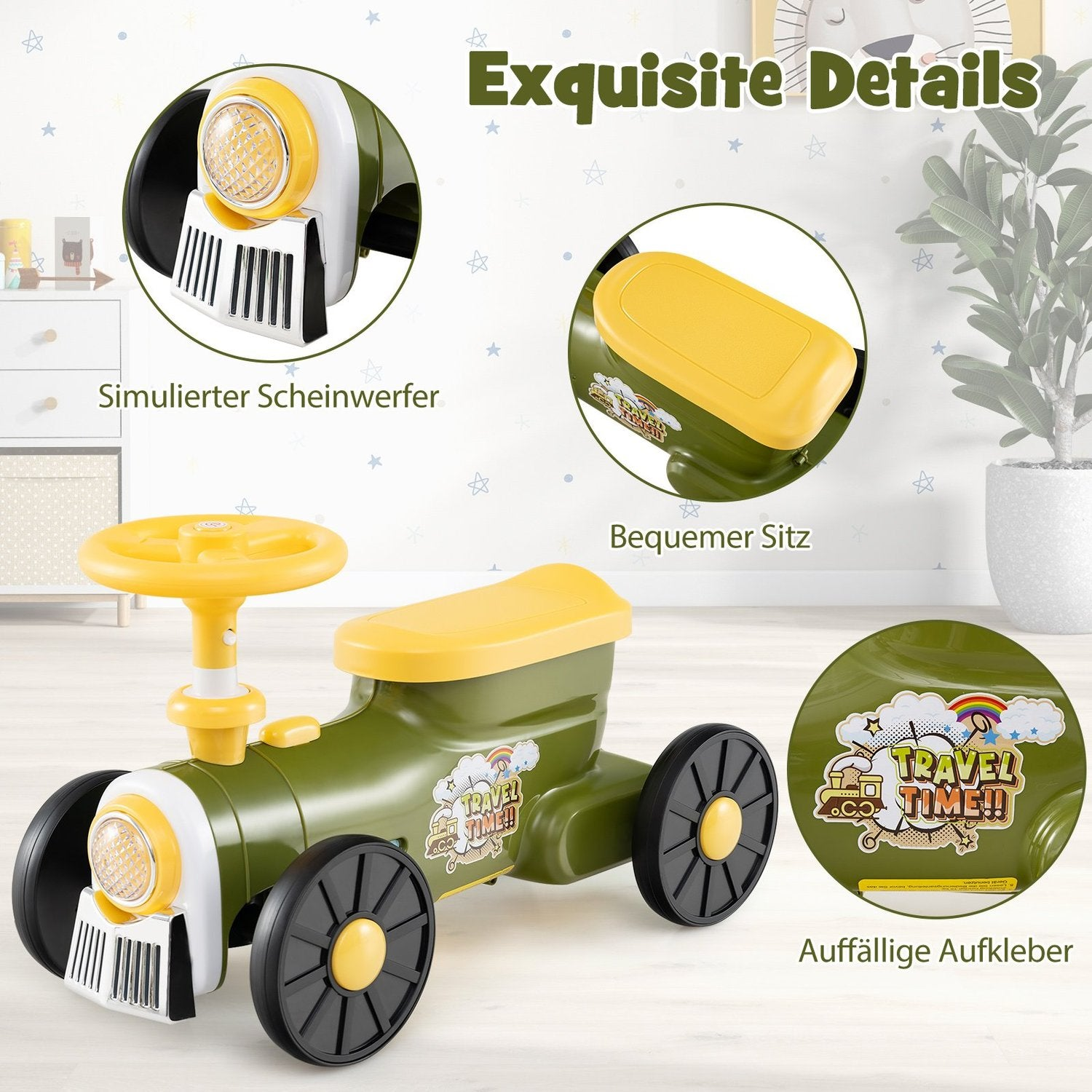Un tren de juguete verde y amarillo. Tiene un asiento y volante amarillos. Detalles: faro, ruedas y pegatinas.
