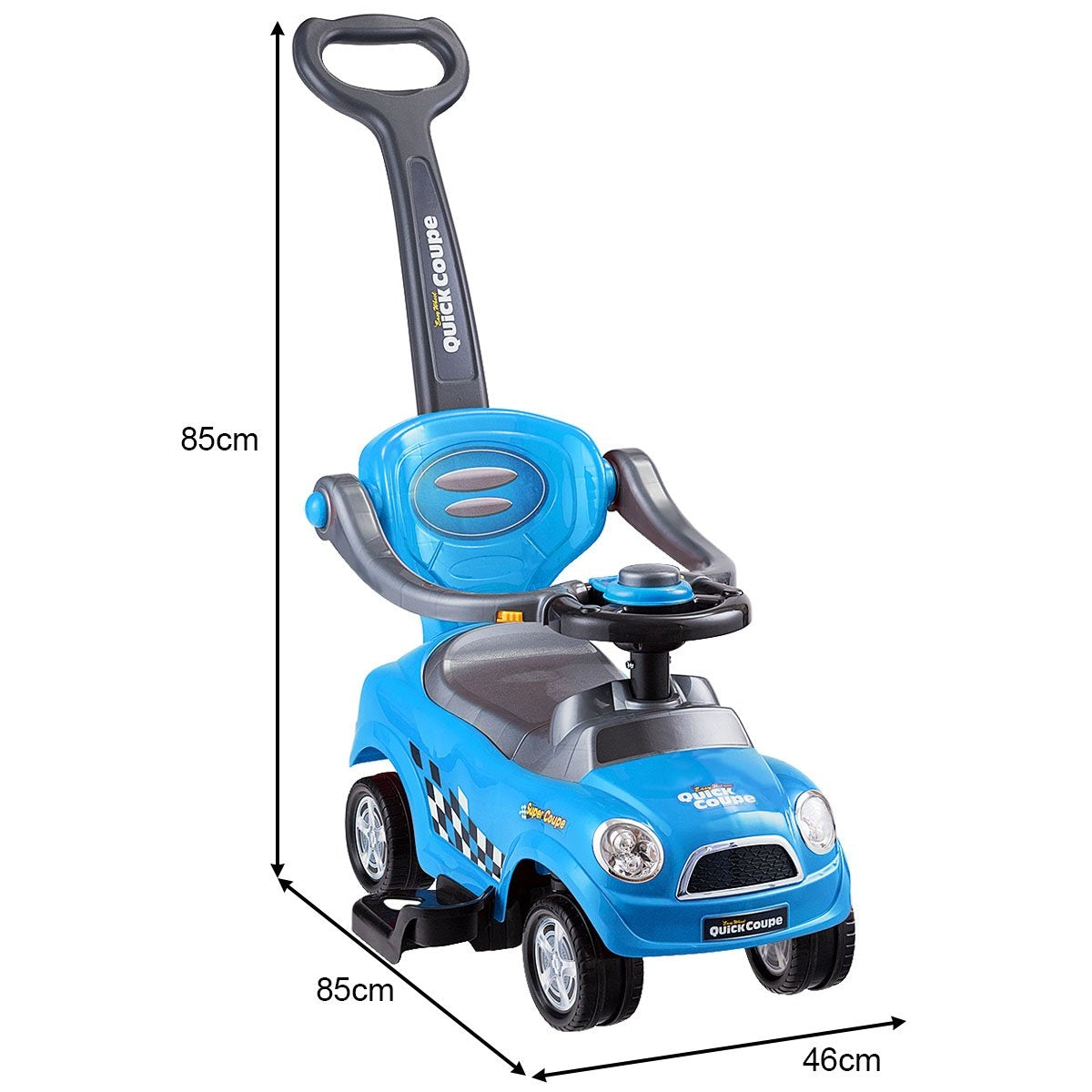 Coche de juguete azul con asa. Tiene volante, ruedas y asiento. Las dimensiones están etiquetadas en la imagen.