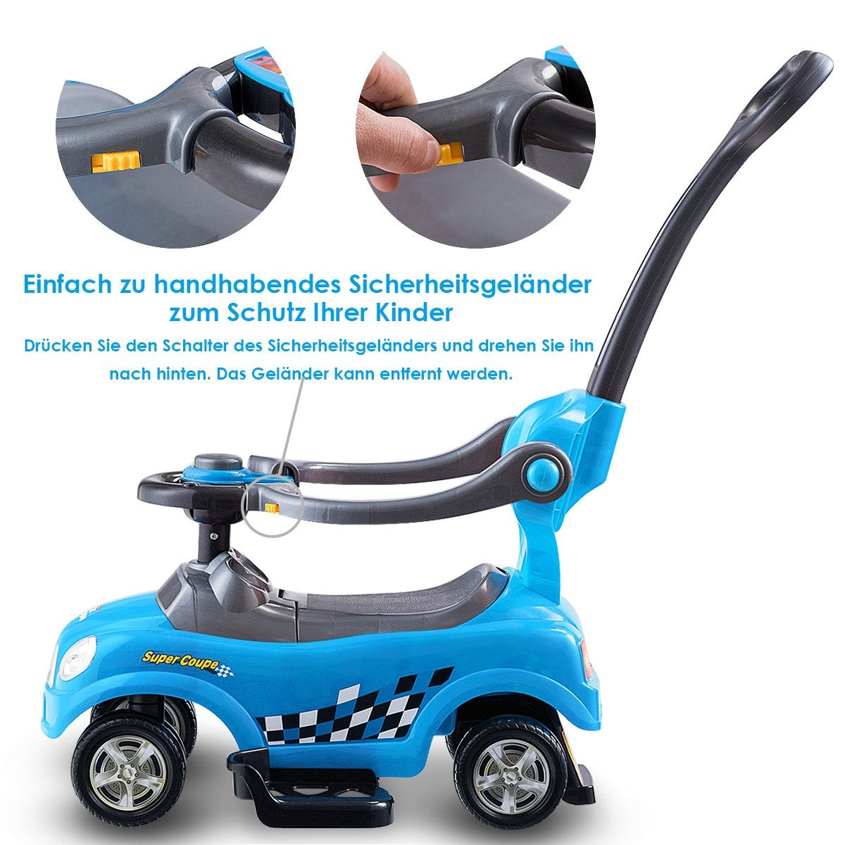 Un coche de juguete azul con un asa. Tiene asiento, volante y barras de seguridad. El coche tiene banderas a cuadros en blanco y negro.