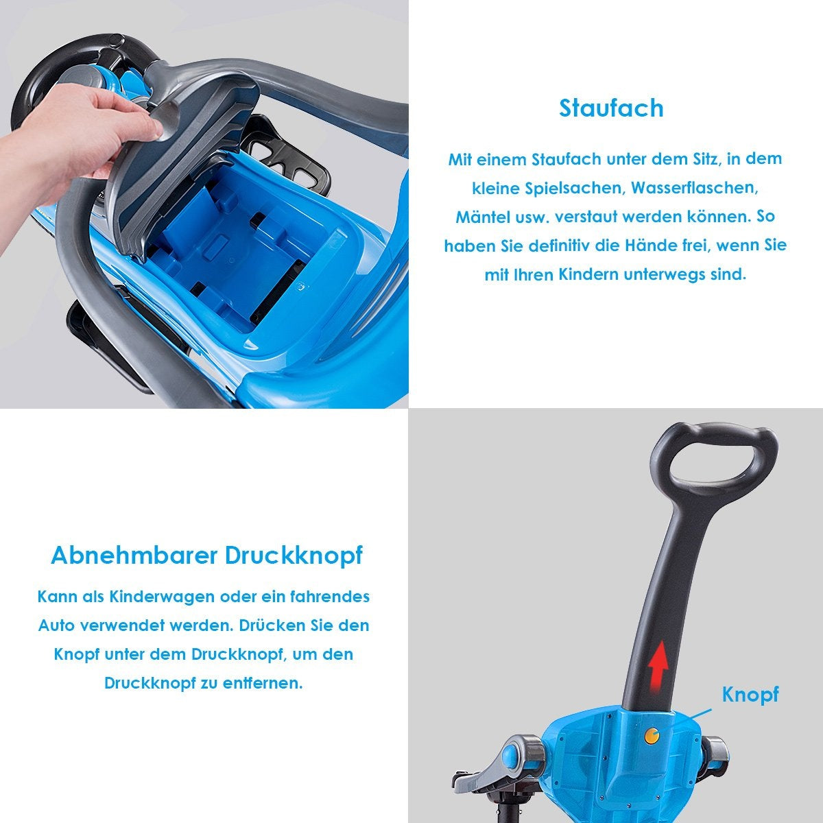 Un cochecito azul y gris para niños tiene almacenamiento debajo del asiento y un asa de empuje desmontable con botón.