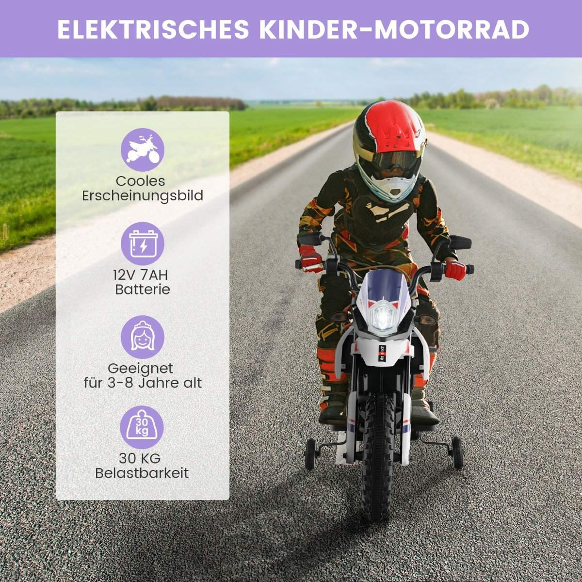 Un niño con casco monta una moto de juguete blanca y azul en una carretera. Campos verdes al fondo. Superposición de texto con especificaciones.