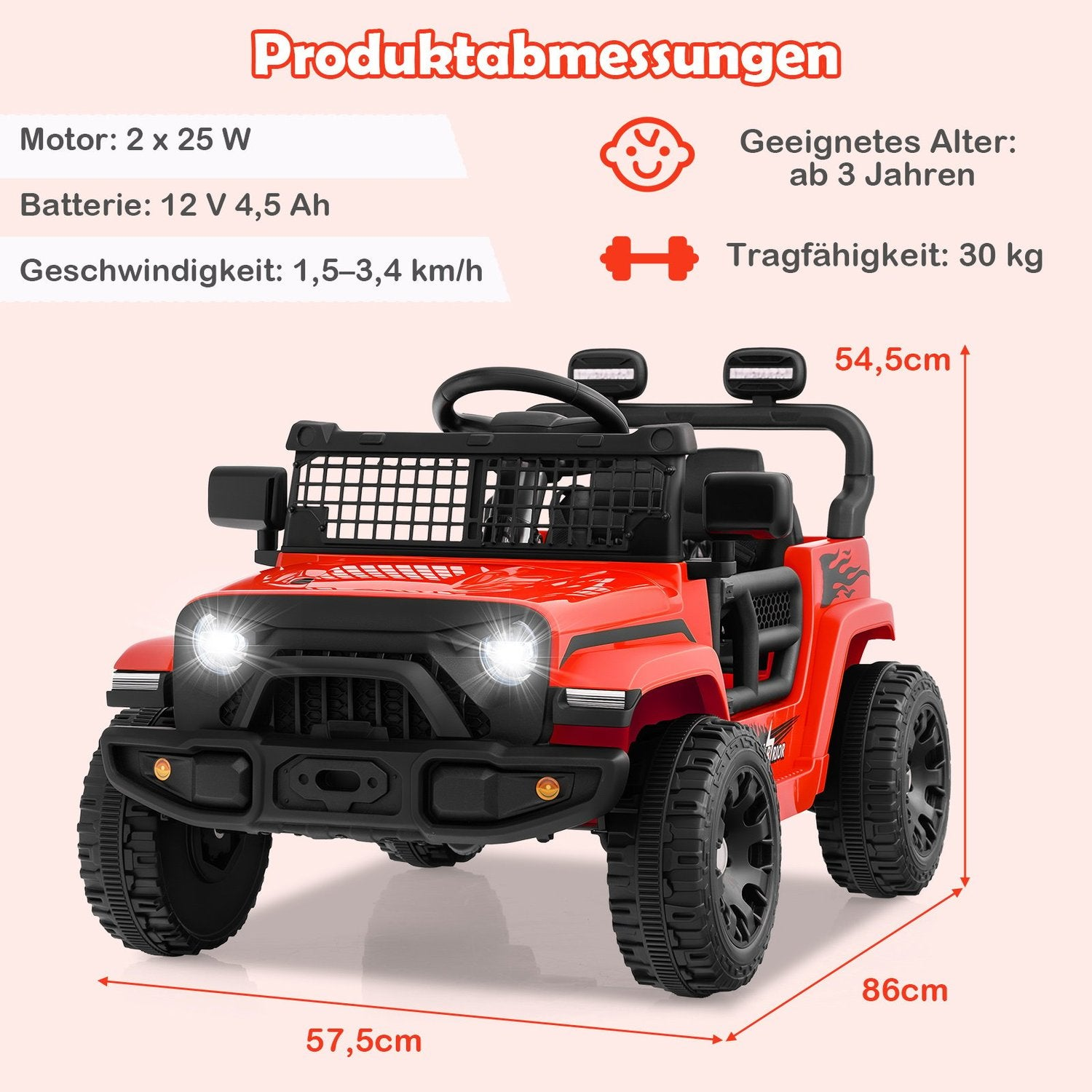Un jeep de juguete rojo con detalles negros. Tiene faros y dimensiones mostradas. El texto indica motor, batería y edad adecuada.