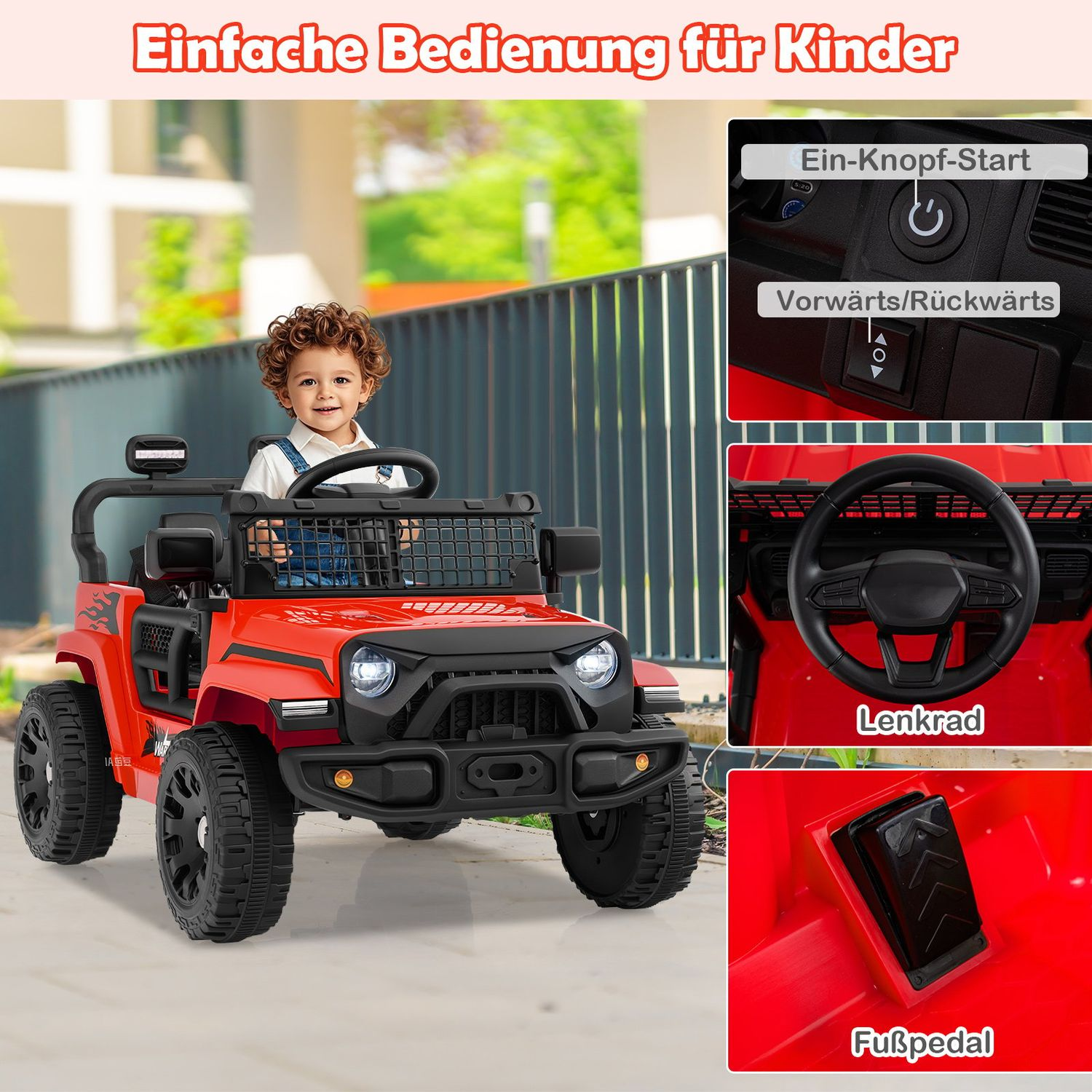 Un niño en un coche de juguete rojo. Detalles incluyen volante, pedal y controles. Texto superior: 'Fácil manejo para niños'.