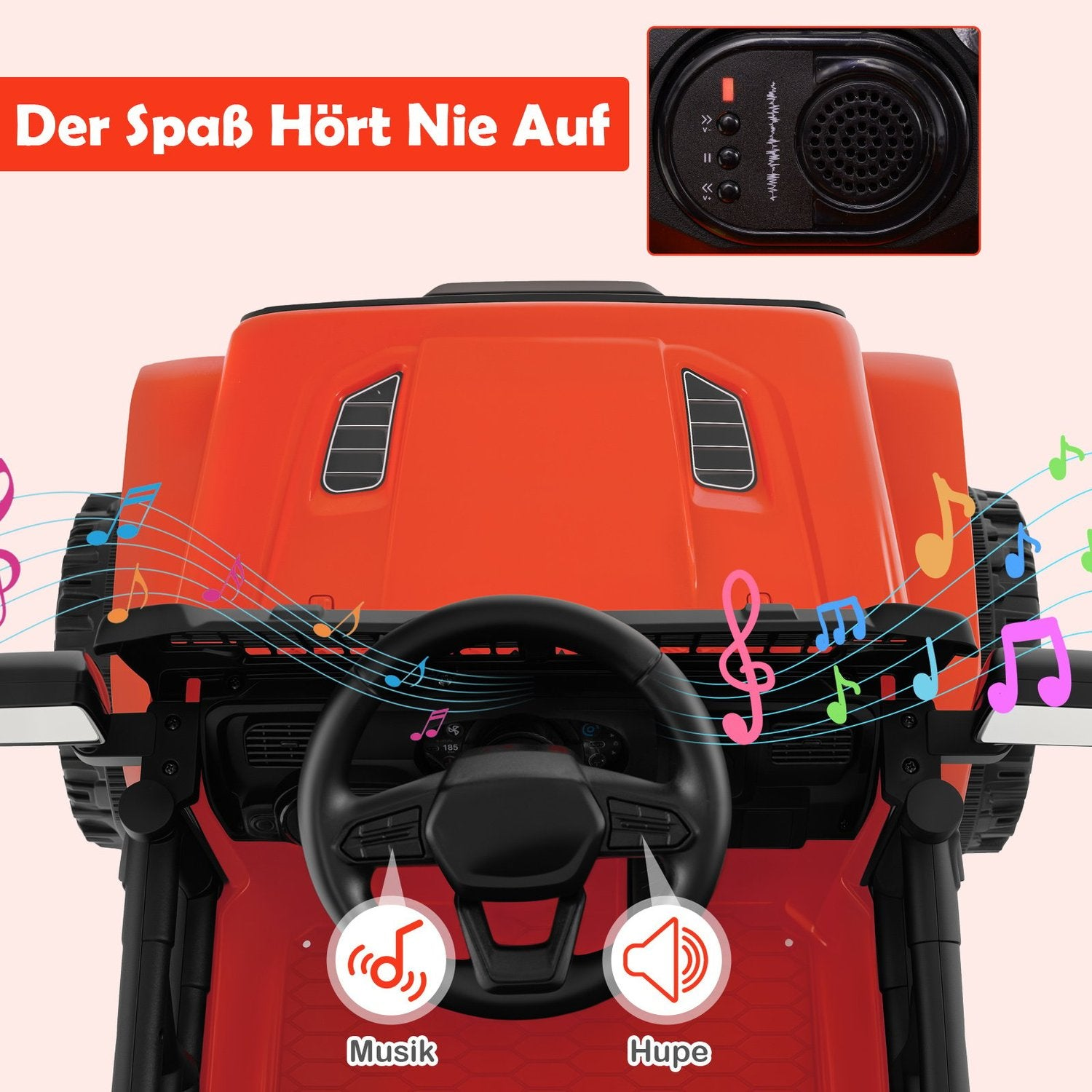 Coche de juguete rojo con notas musicales. Volante, altavoz y botones de bocina visibles. El texto dice 'Der Spaß Hört Nie Auf'.