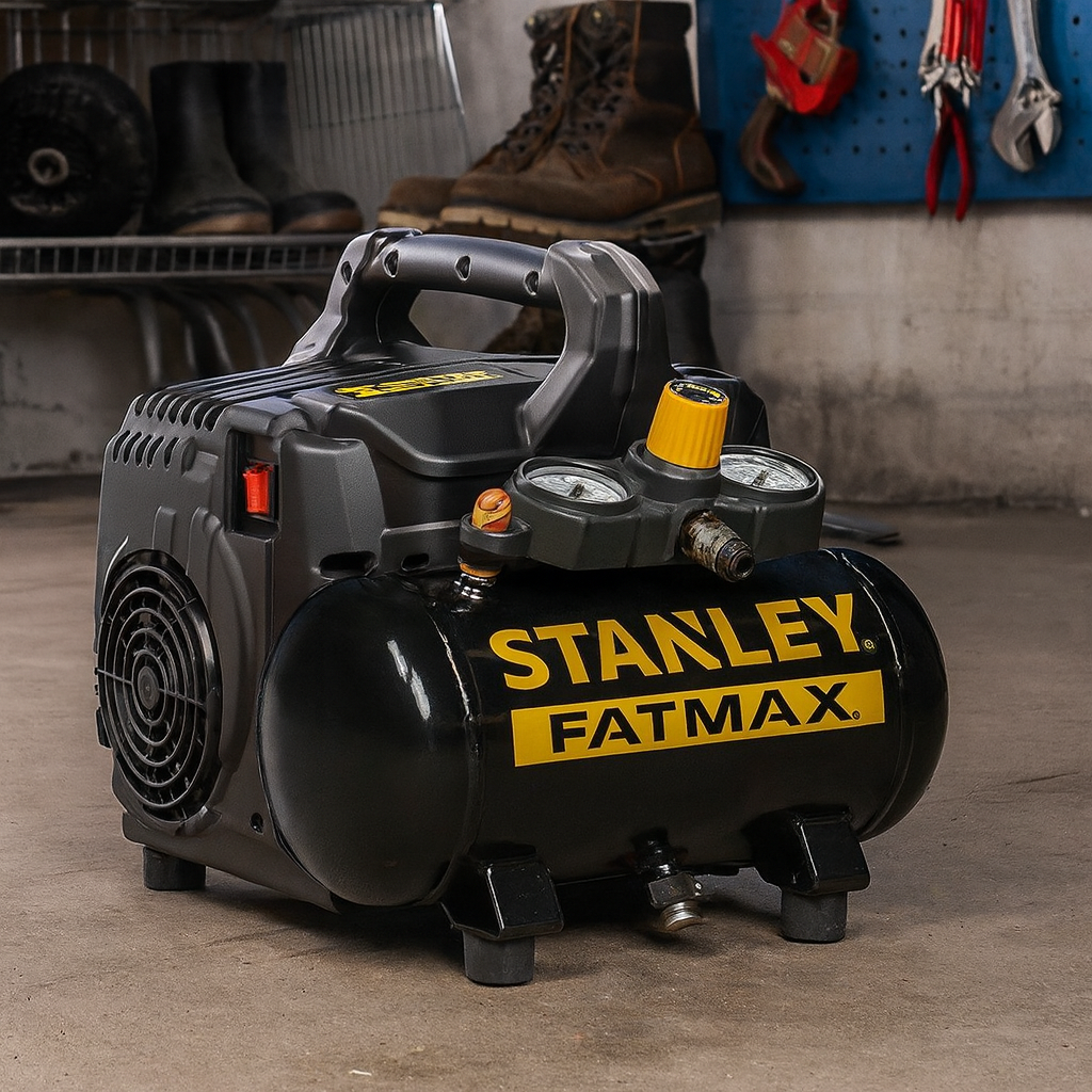 Ein Stanley Fatmax Luftkompressor steht auf einem Betonboden. Dahinter befinden sich Stiefel, Werkzeuge an einer Lochwand und ein Regal.