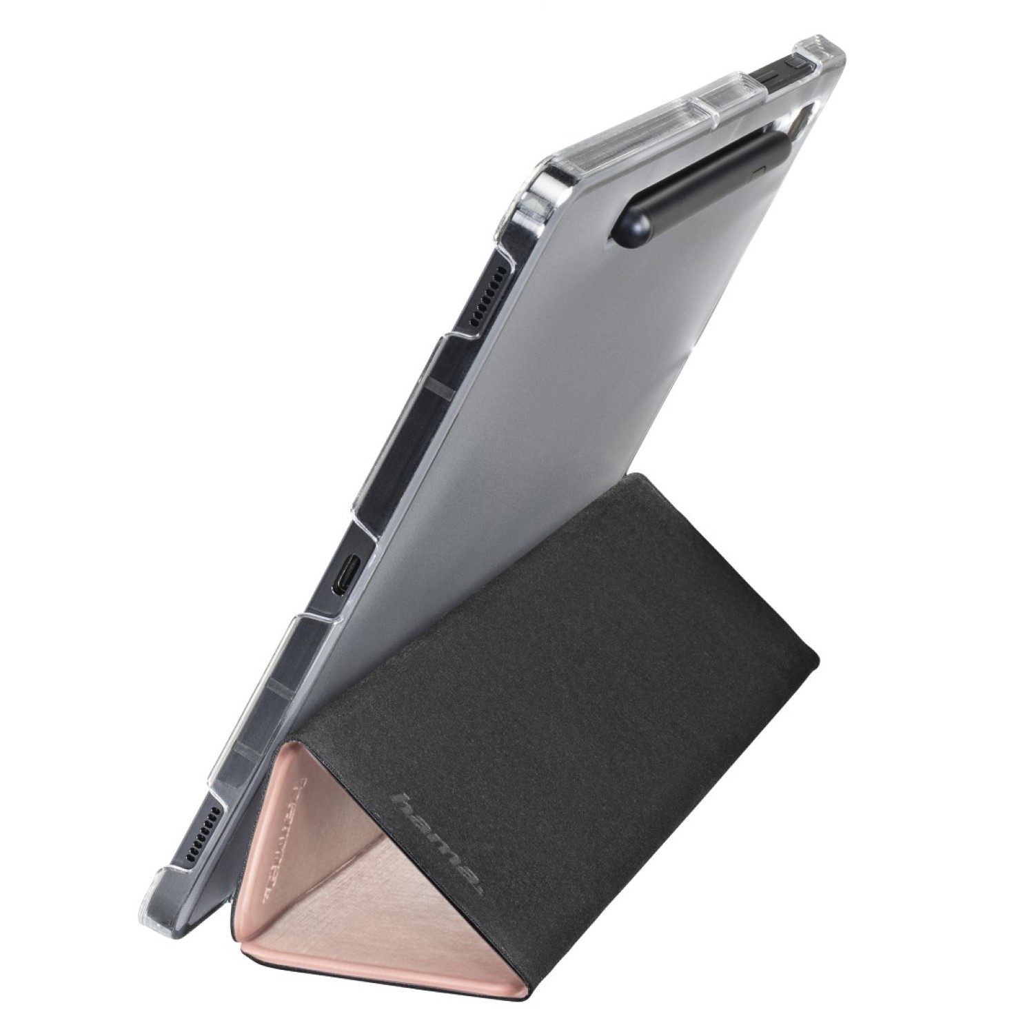 Tablet in transparenter Hülle auf schwarzem und roségoldenem Ständer. Ein Stift ist befestigt. Weißer Hintergrund.