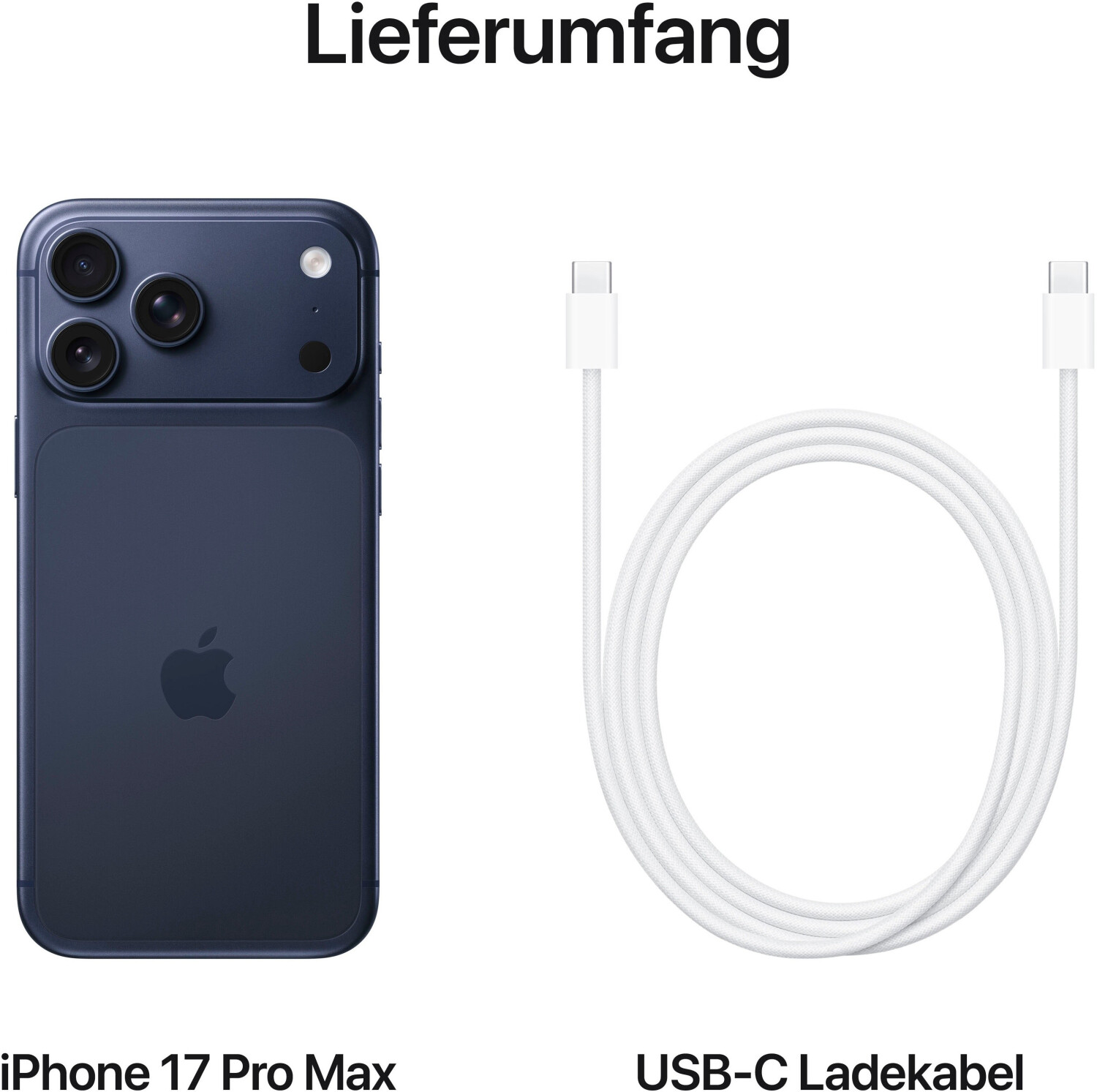 Obraz przedstawia iPhone'a 17 Pro Max i kabel do ładowania USB-C. Telefon jest granatowy, kabel biały, na białym tle.