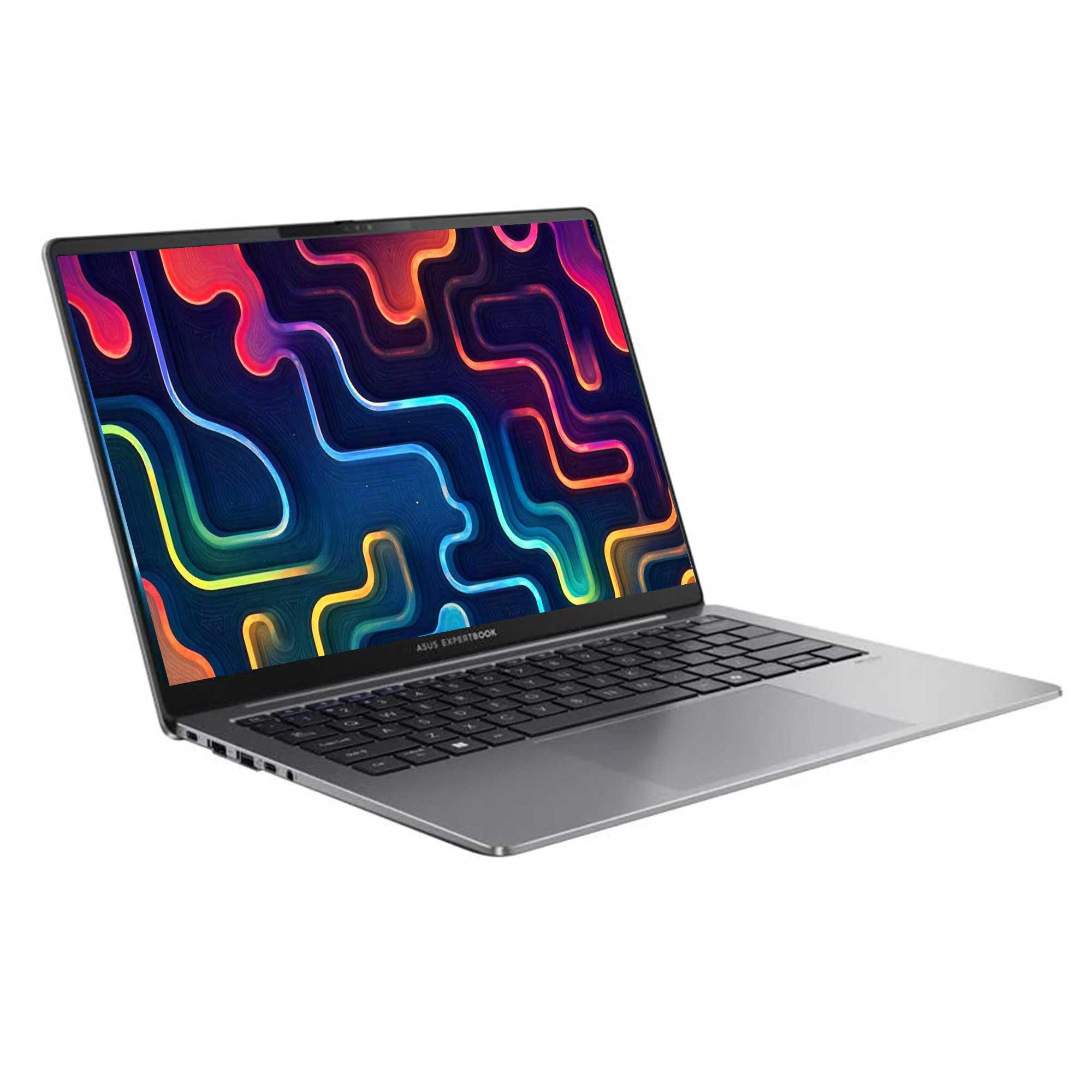 Renkli soyut ekrana sahip gümüş dizüstü bilgisayar. ASUS ExpertBook logosu görünür. Beyaz zemin.