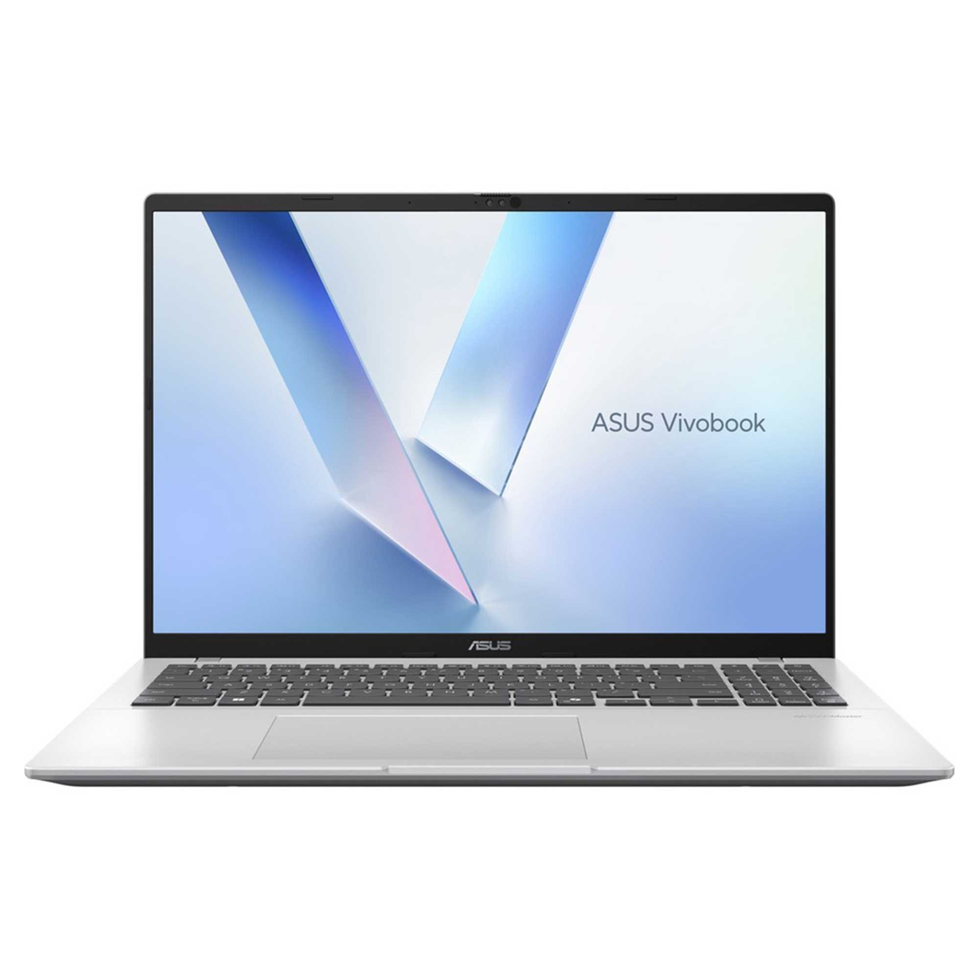 Açık gümüş ASUS Vivobook dizüstü bilgisayar, beyaz ve mavi soyut bir tasarım sergiliyor. Ekranın altında klavye görünüyor.