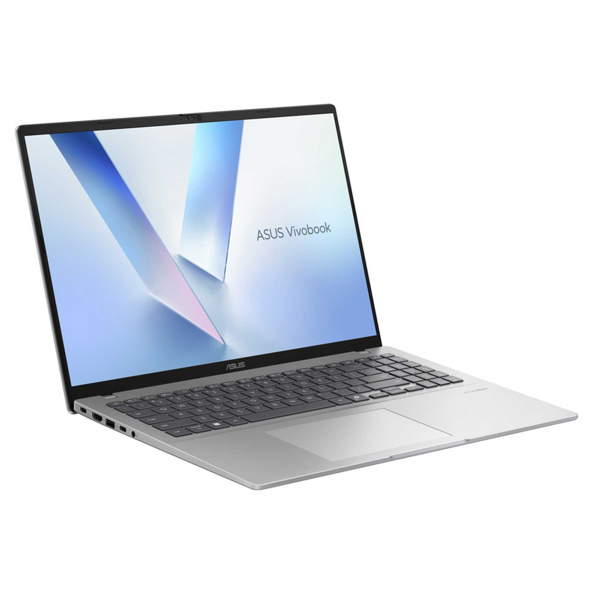 Gümüş renkli bir ASUS Vivobook dizüstü bilgisayar beyaz bir yüzeyde açık. Ekran mavi ve beyaz soyut bir tasarım gösteriyor.