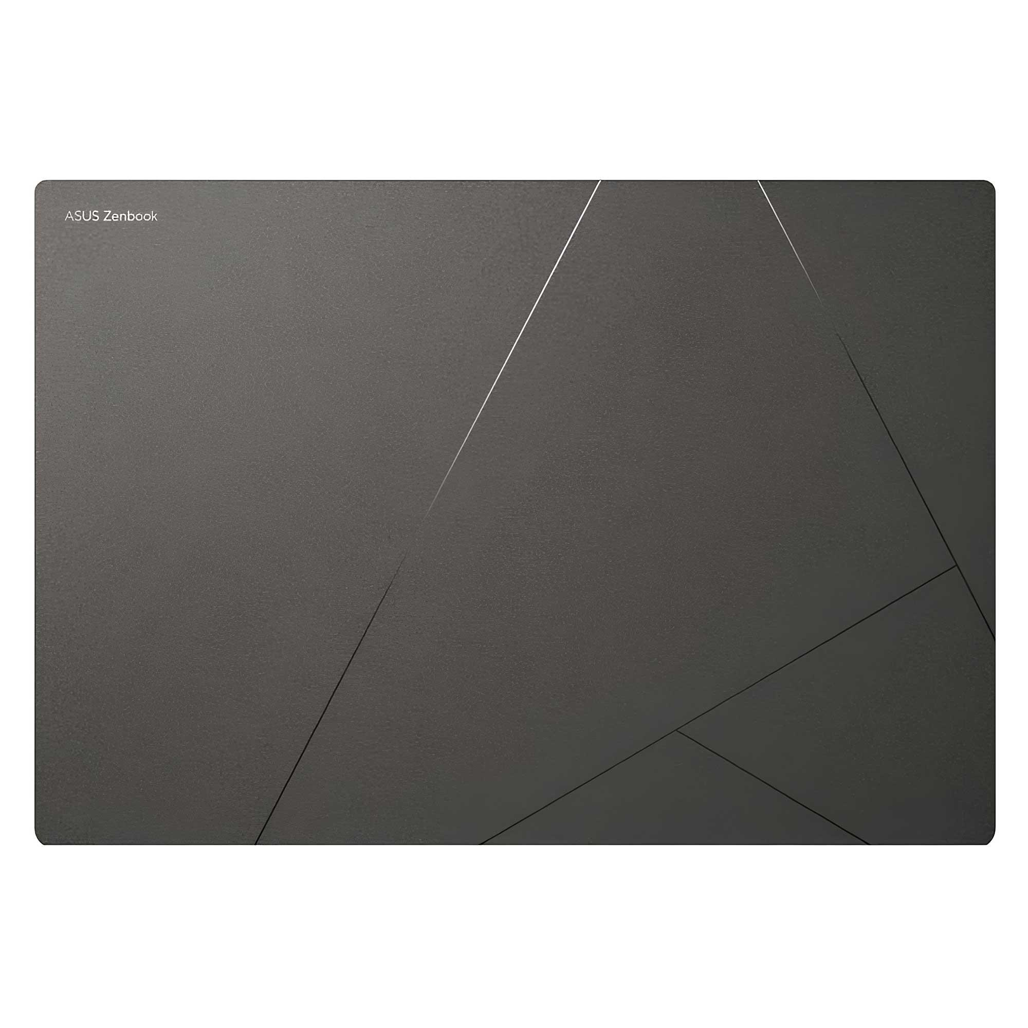 Geometrik çizgilere sahip koyu gri ASUS Zenbook yüzeyi. Zenbook logosu sol üstte görülebilir.